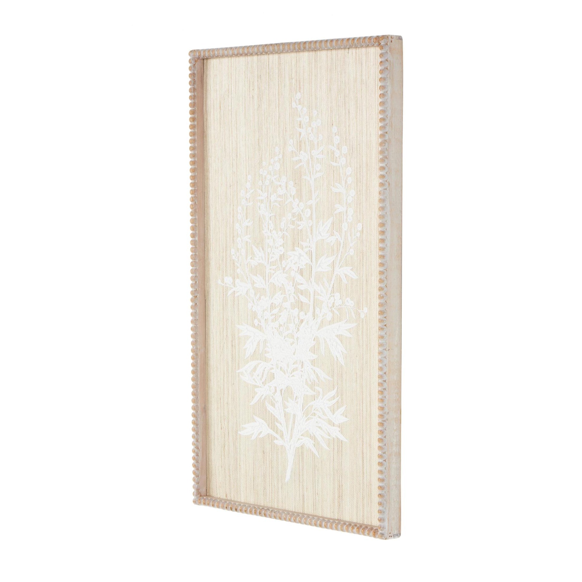 Floral Cream Wood Textured Living Room Framed Wall Art with White Painted Accents and Beaded Frame