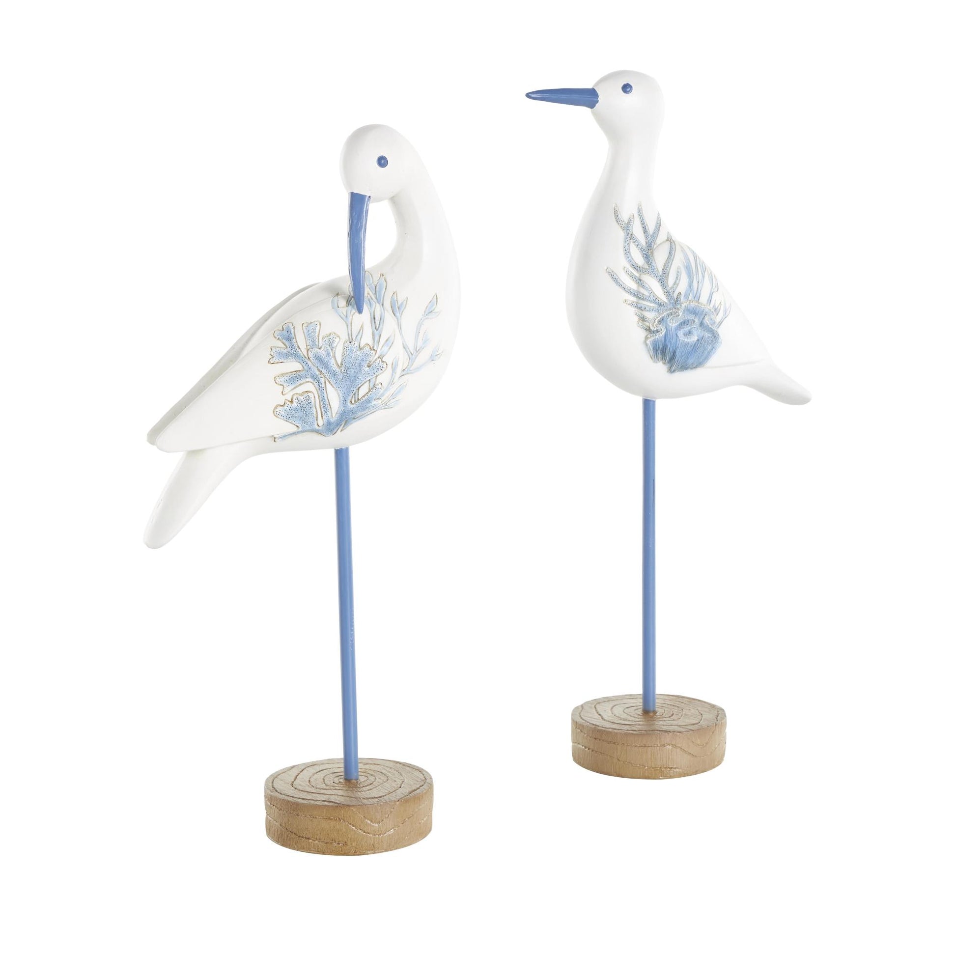 Set of 2 Bird White Polystone Decorative Sculpture with Blue Coral Patterns and Wood Inspired Bases