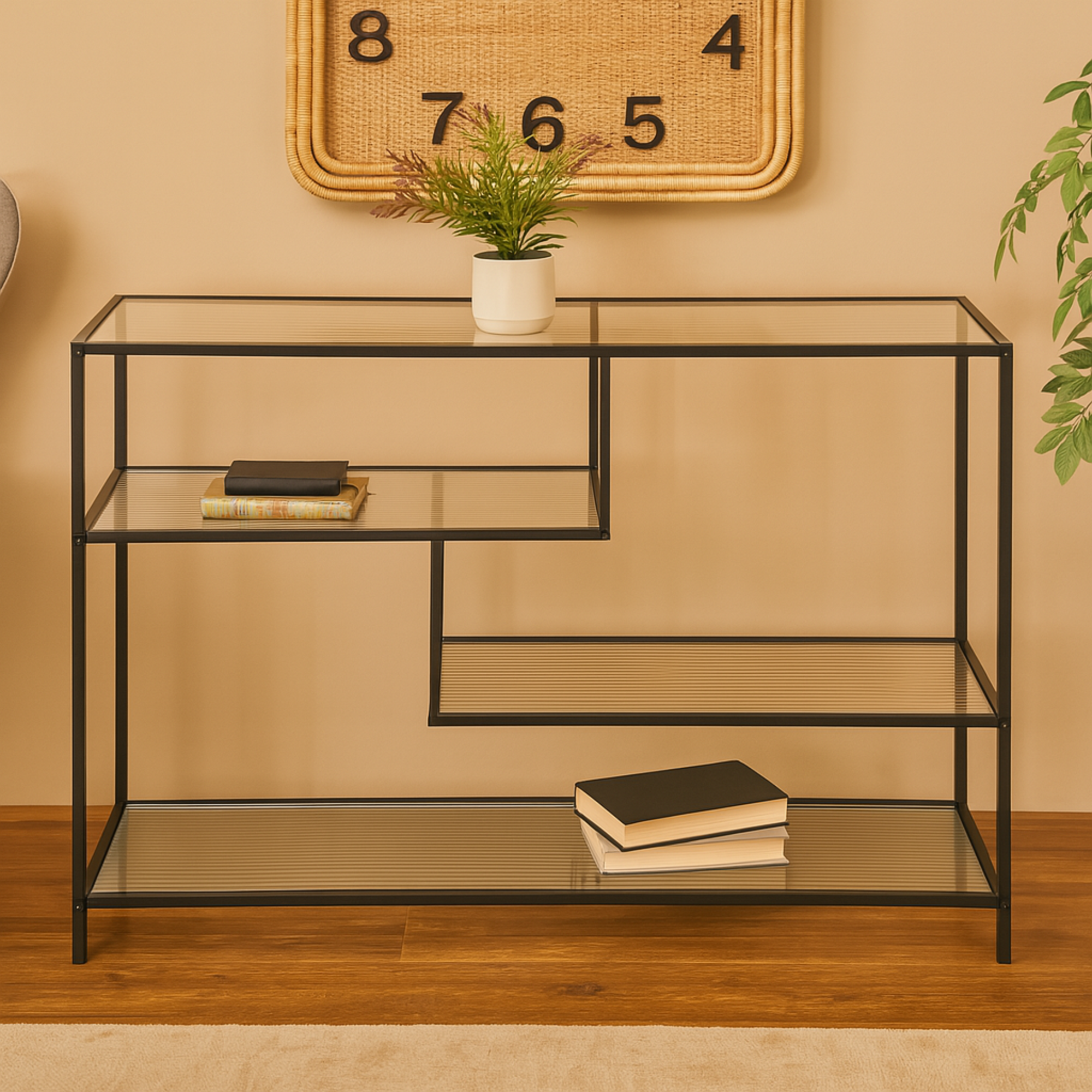Geometric Black Metal 4 Shelf Living Room Console Table with Clear Glass Shelves