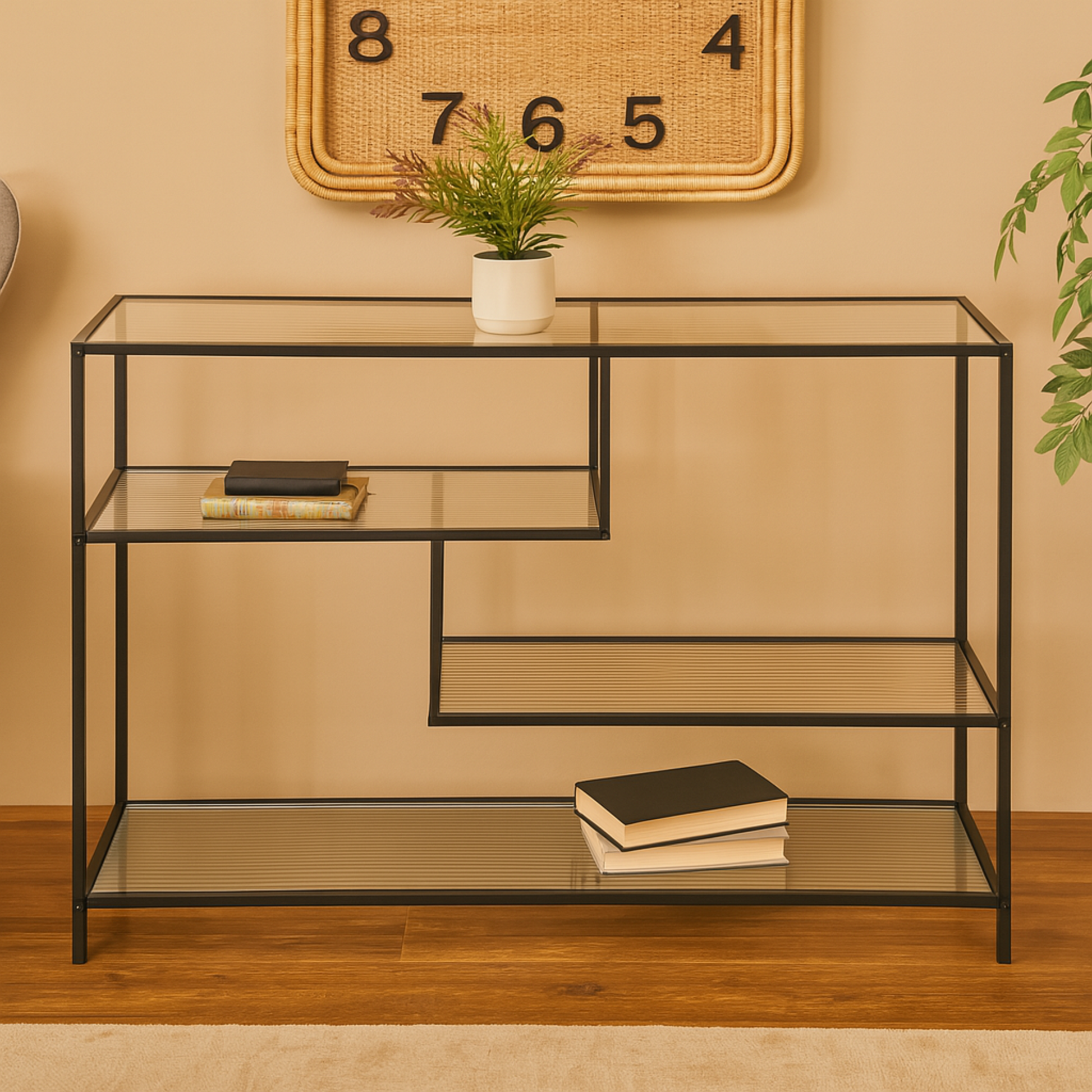 Geometric Black Metal 4 Shelf Living Room Console Table with Clear Glass Shelves