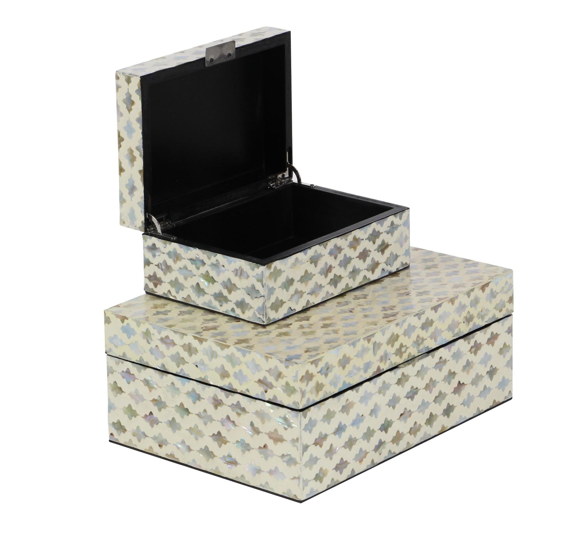 Set of 2 Geometric Cream Mother of Pearl Shell Handmade Storage Decorative Box with Hinged Lid