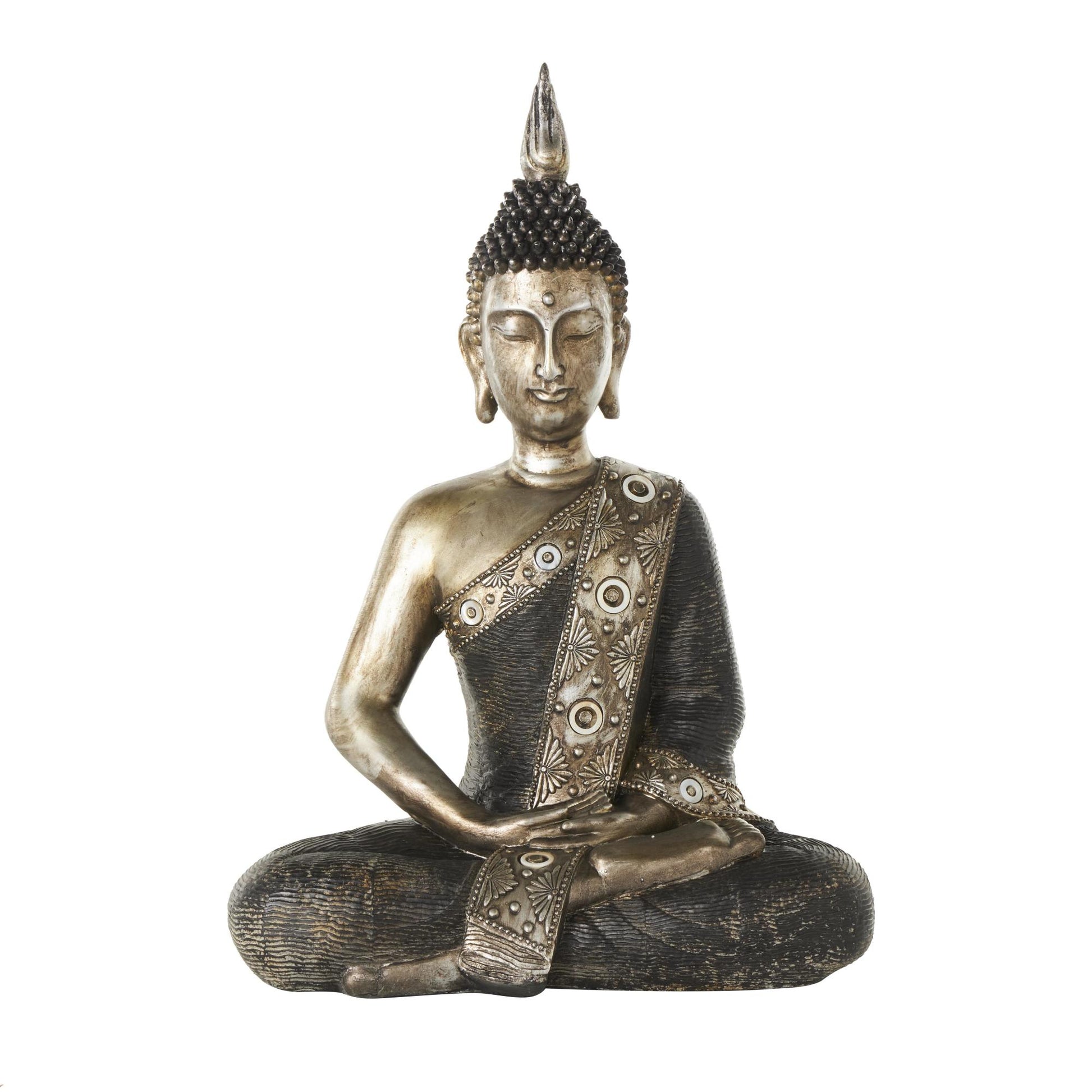 Buddha Brass Polystone Meditating Decorative Sculpture with Engraved Carvings and Relief Detailing
