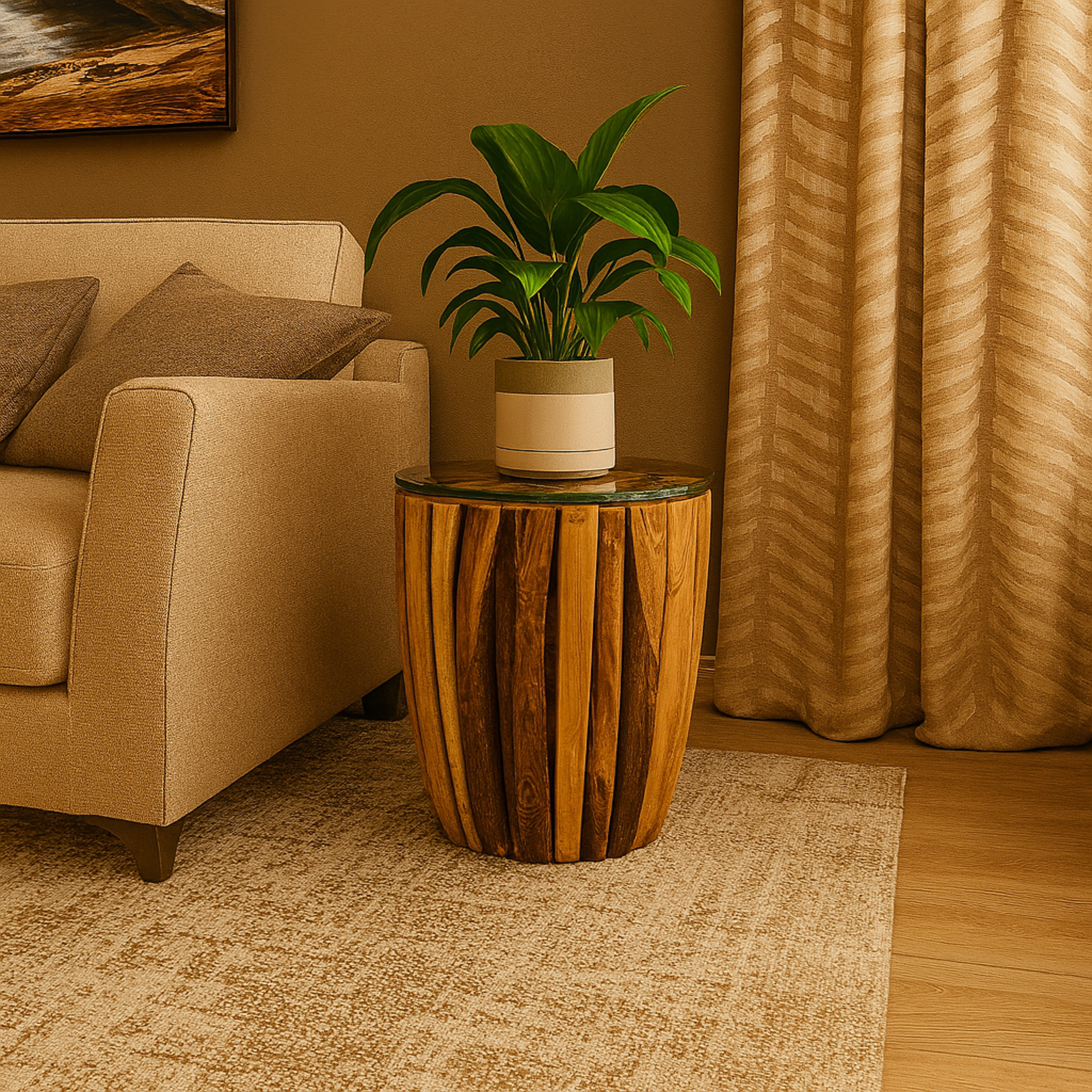 Brown Teak Wood Handmade Live Edge Tree Branch Side End Accent Table with Clear Glass Top