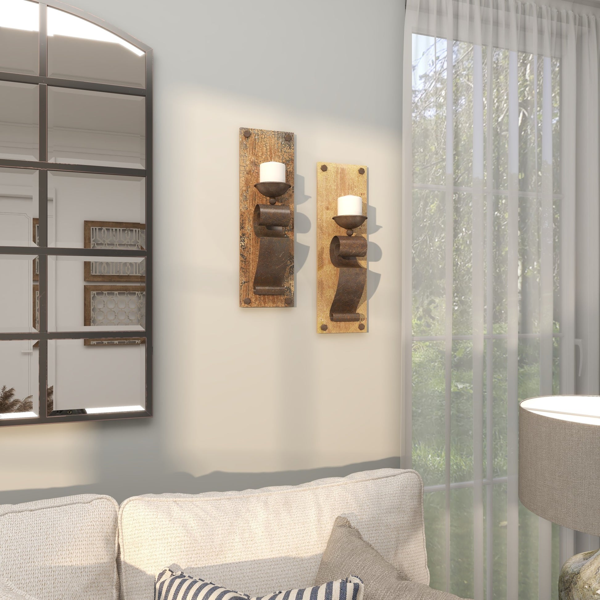 Set of 2 Scroll Brown Wood Distressed Pillar Indoor Outdoor Wall Sconce with Bronze Metal Holders