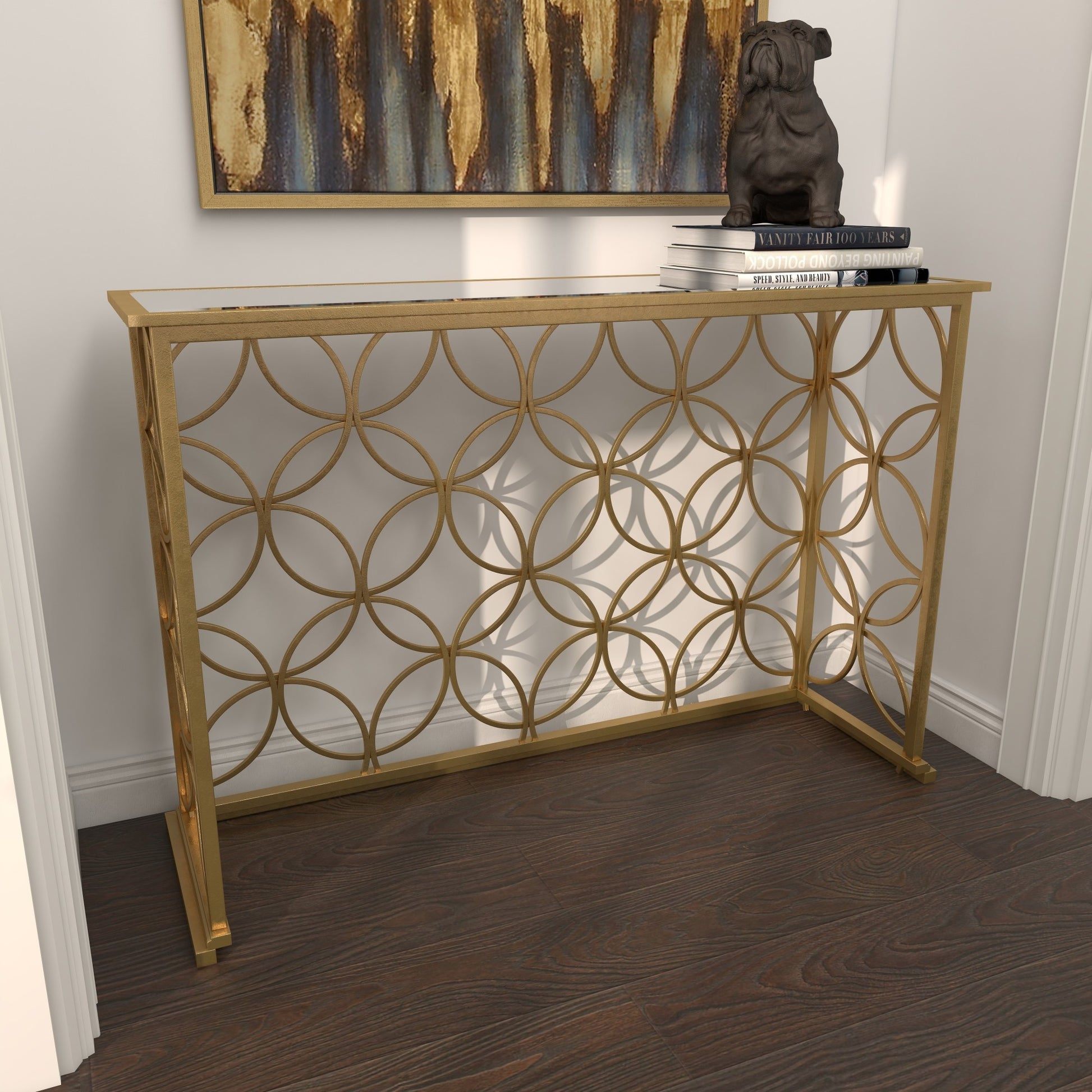Geometric Gold Metal Weathered Living Room Console Table with Mirrored Glass Top