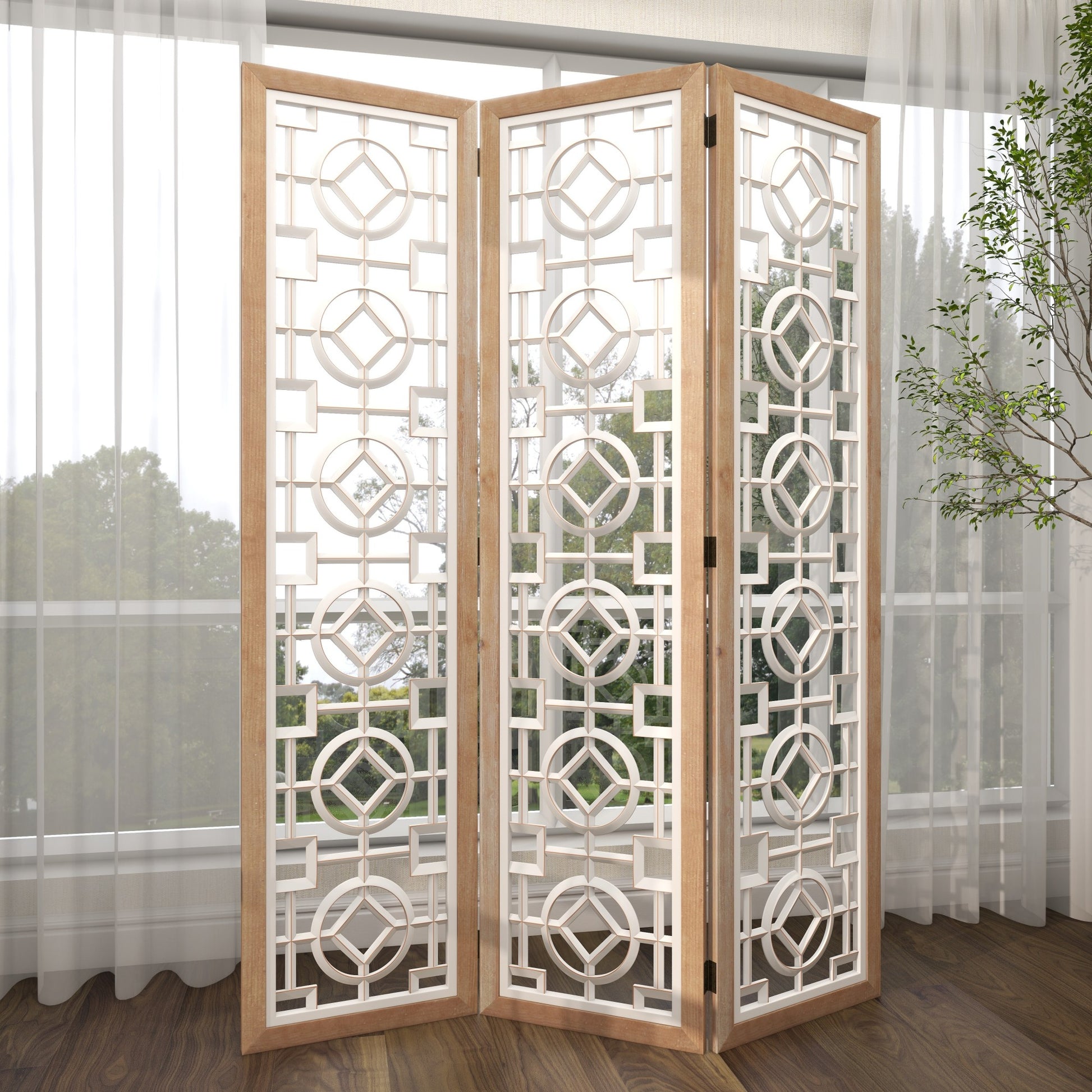 Geometric White Wood Hinged Foldable Partition 3 Panel Partition Room Divider Screen with Carved Designs