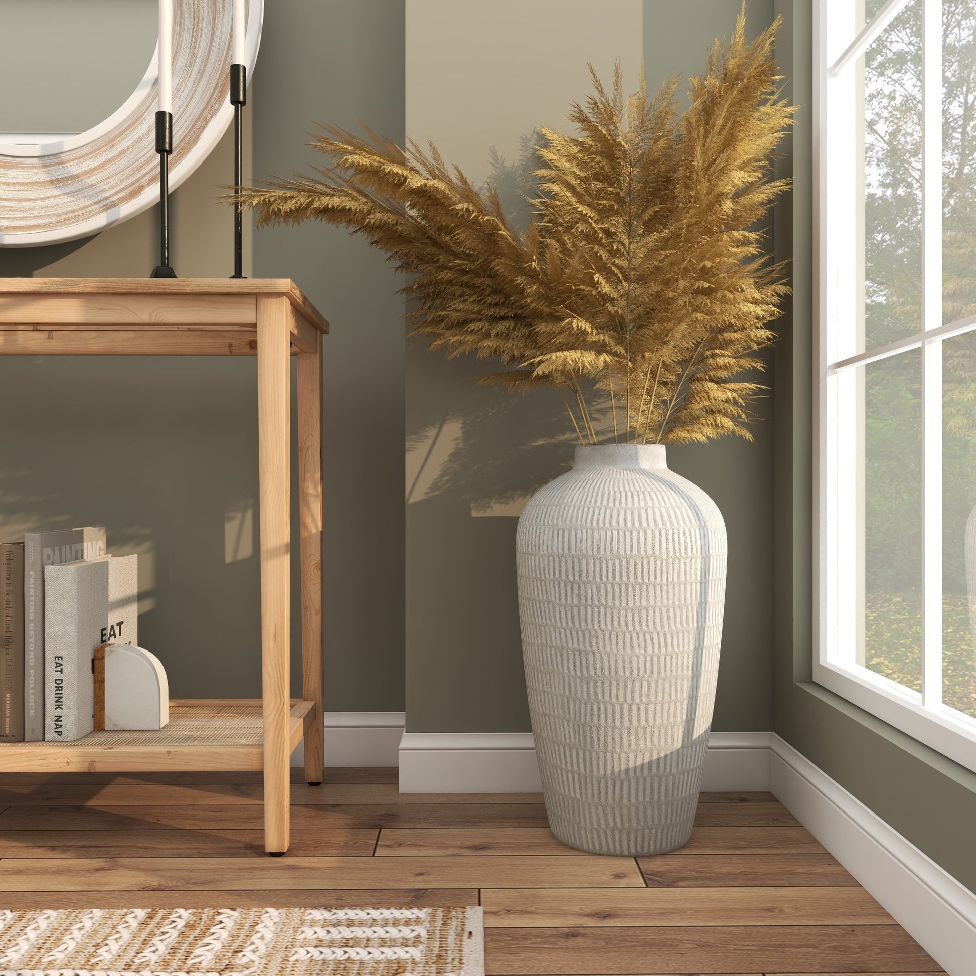 Cream Ceramic Textured Decorative Vase with Linear Pattern