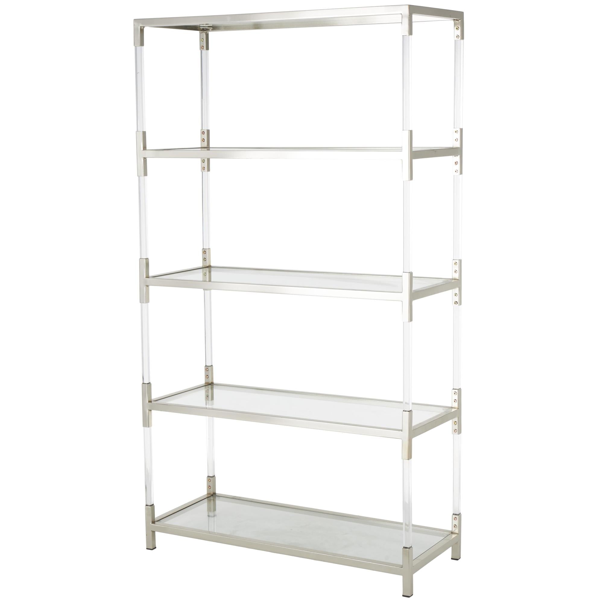 Silver Metal Rectangular 4 Tier Storage Shelving Unit with Clear Glass Top and Acrylic Legs