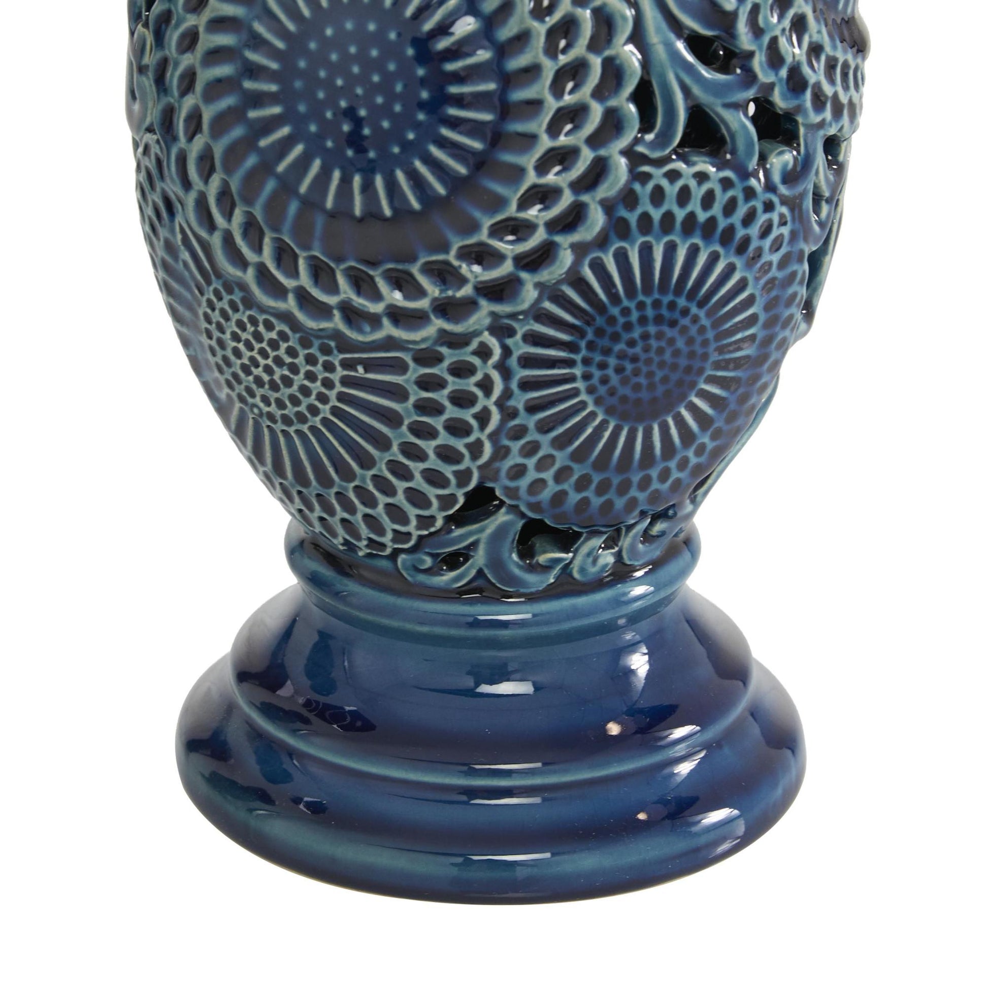 Set of 2 Floral Blue Ceramic Pillar Decorative Candle Holder