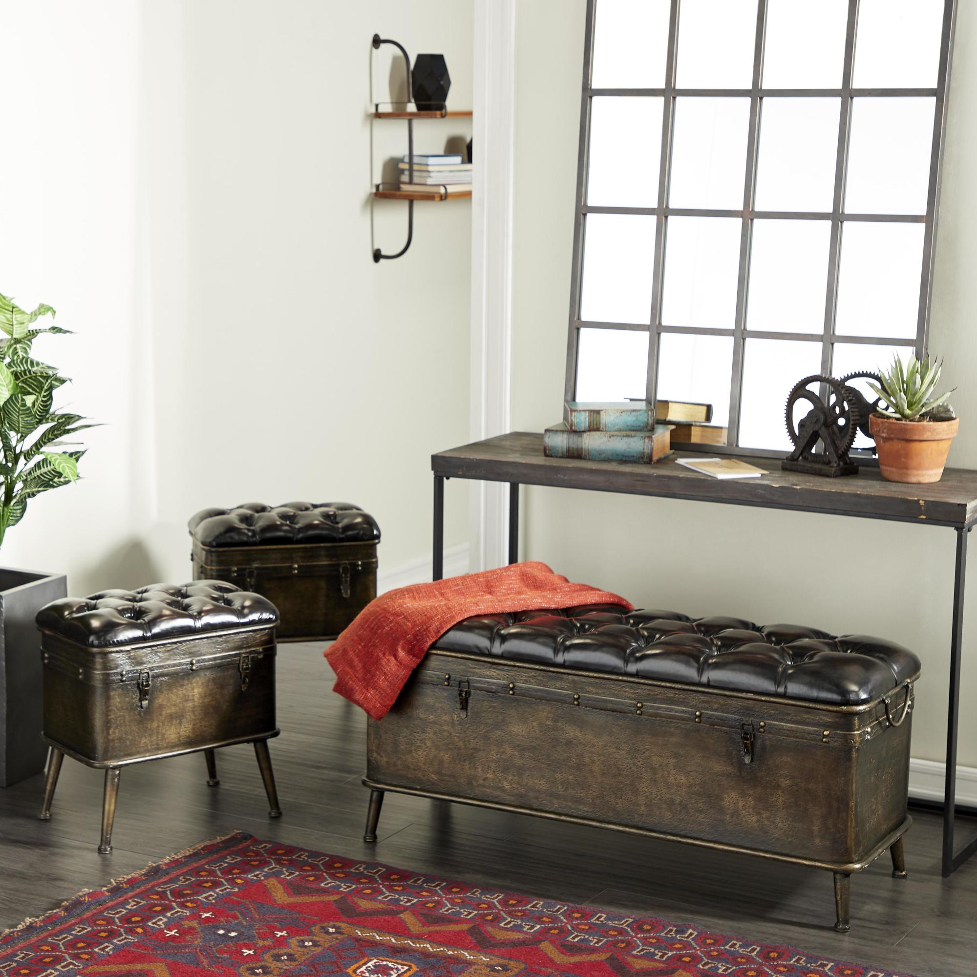 Set of 3 Bronze Metal Weathered Room Storage Bench with Dark Brown Tufted Faux Leather