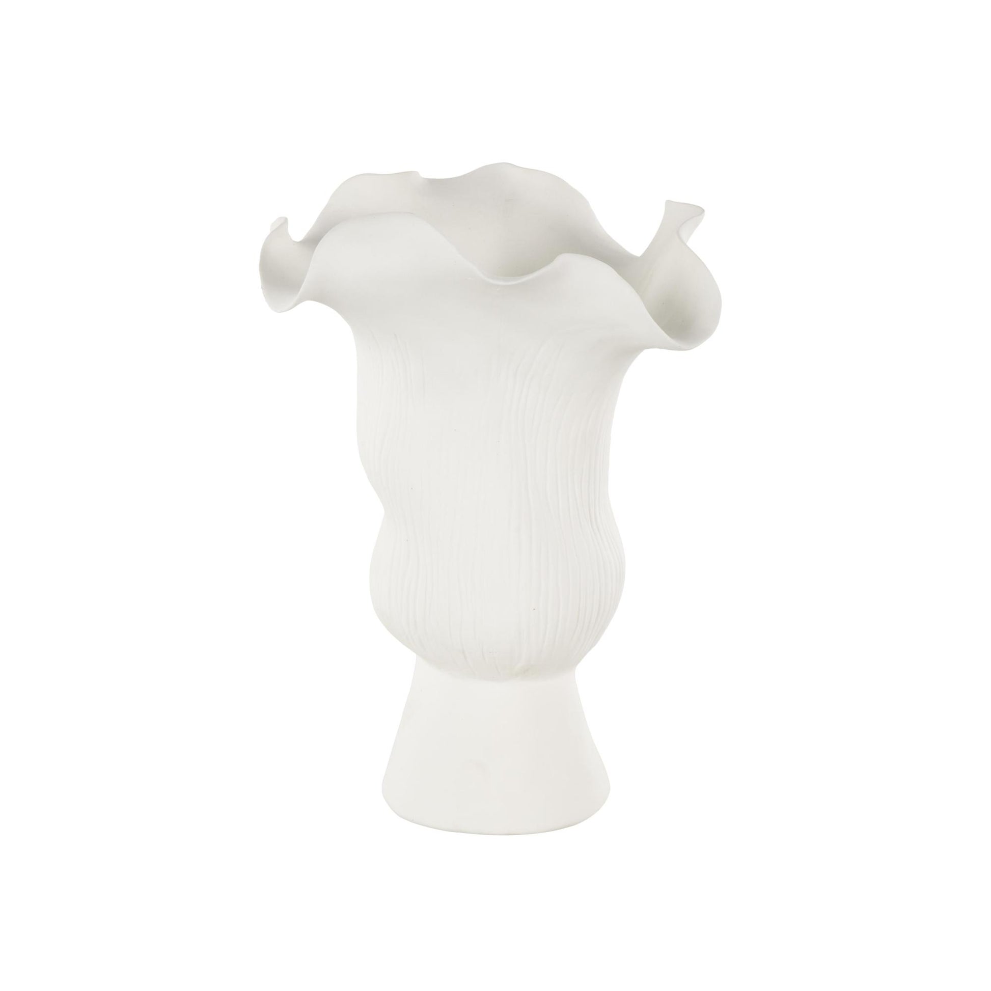 Abstract Ceramic Floral Inspired Decorative Vase with Wavy Folded Rim and Linear Grooves