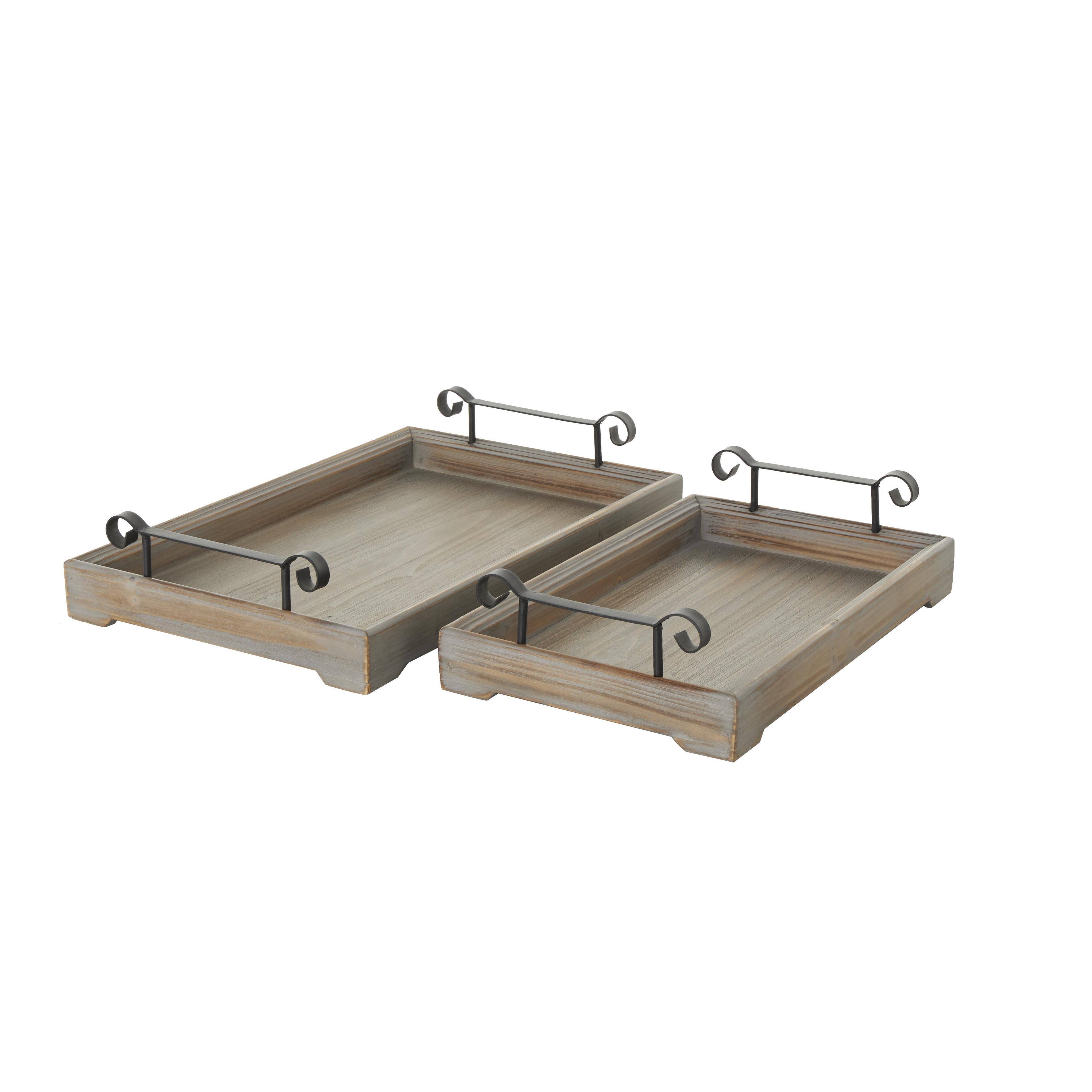 Set of 2 Wood Living Room Decor Tray with Metal Handles