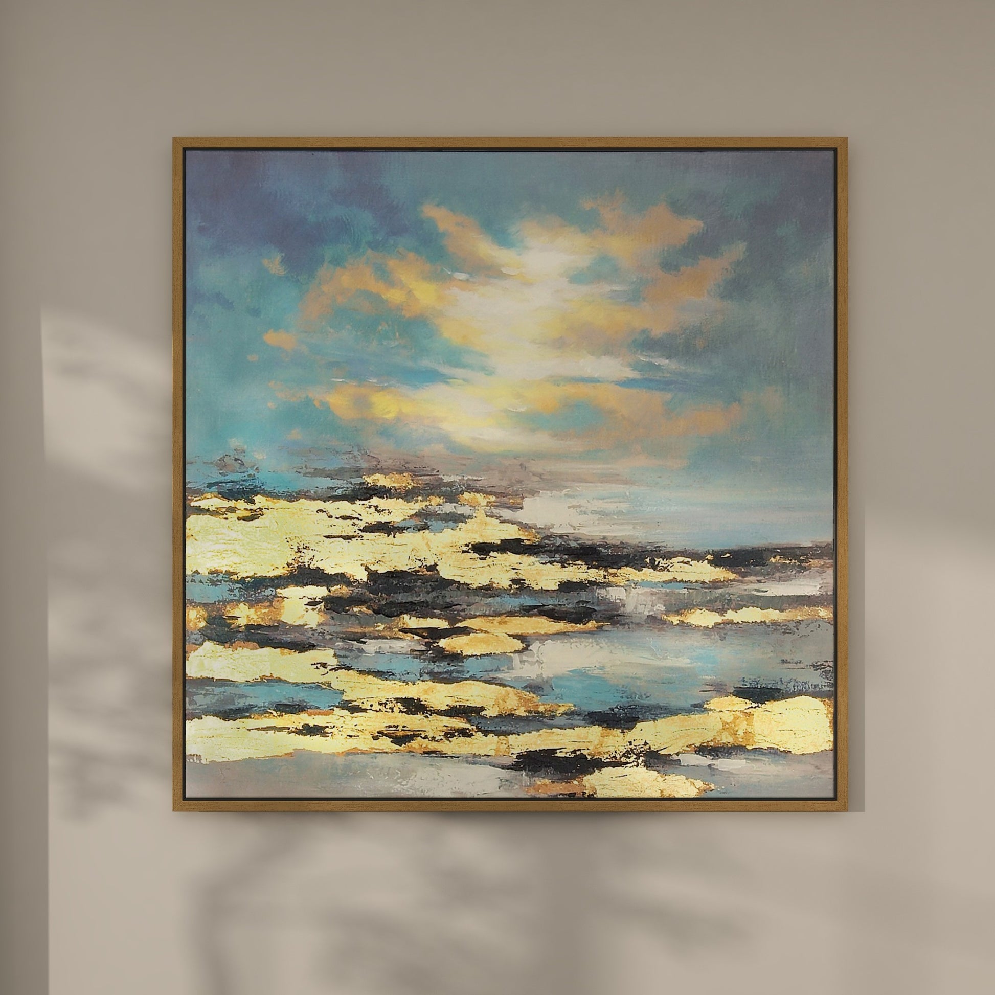 Geode Blue Canvas Landscape Living Room Framed Wall Art with Gold Frame