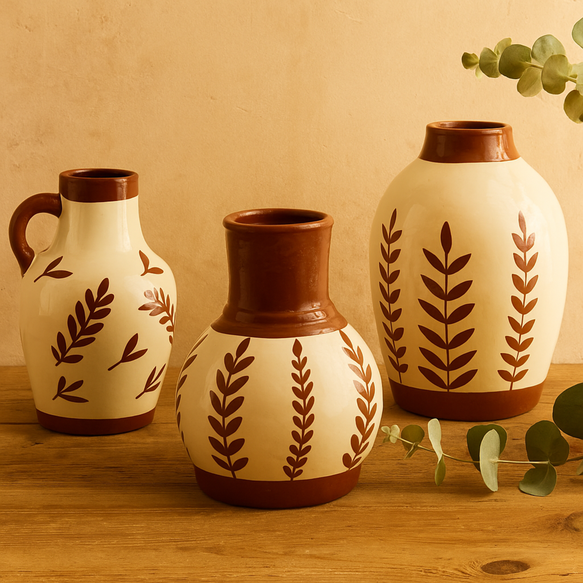 Set of 3 Floral Ceramic Decorative Vase with Terracotta Colored Detailing