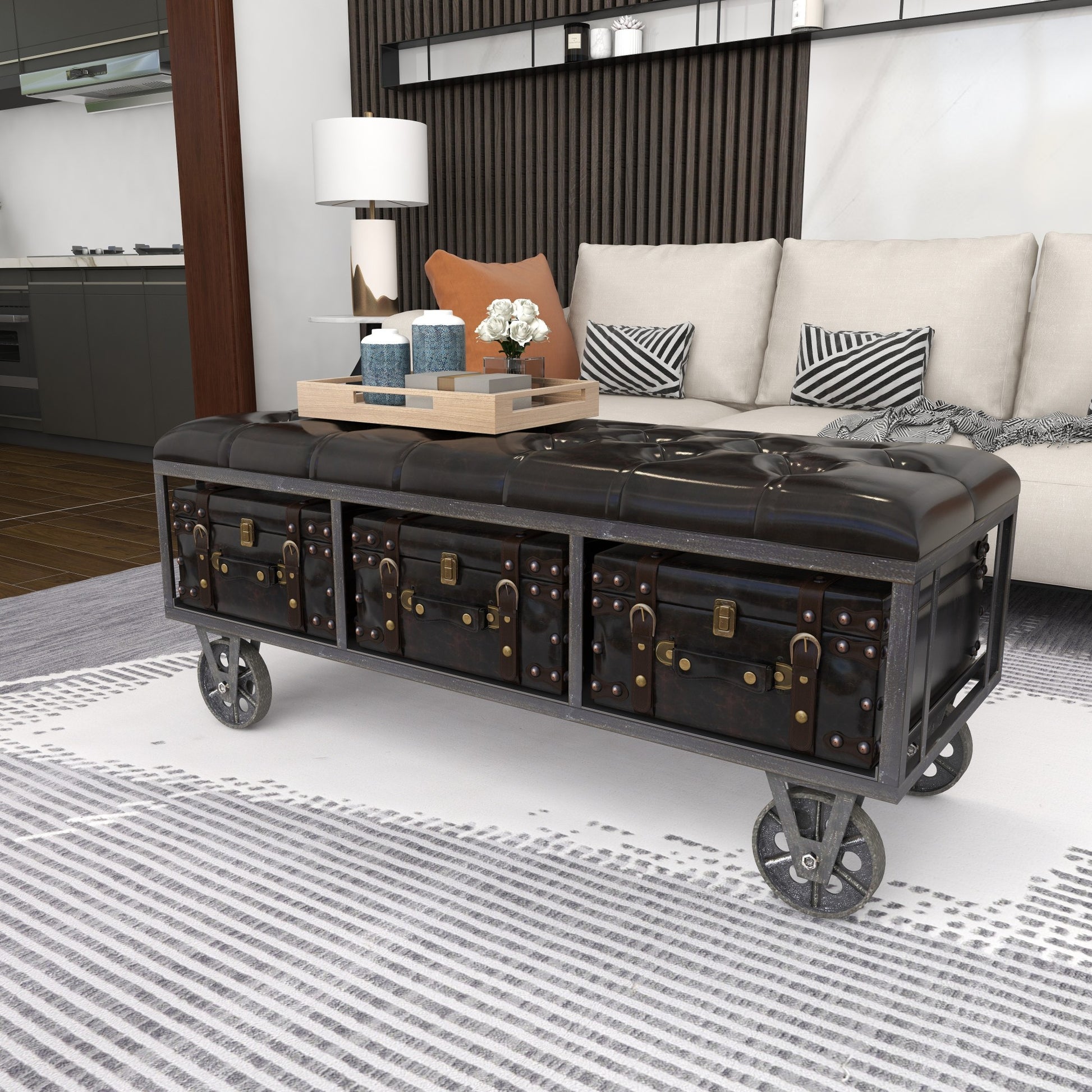 Black Faux Leather Tufted Upholstered 3 Trunk Room Storage Bench with Wheels