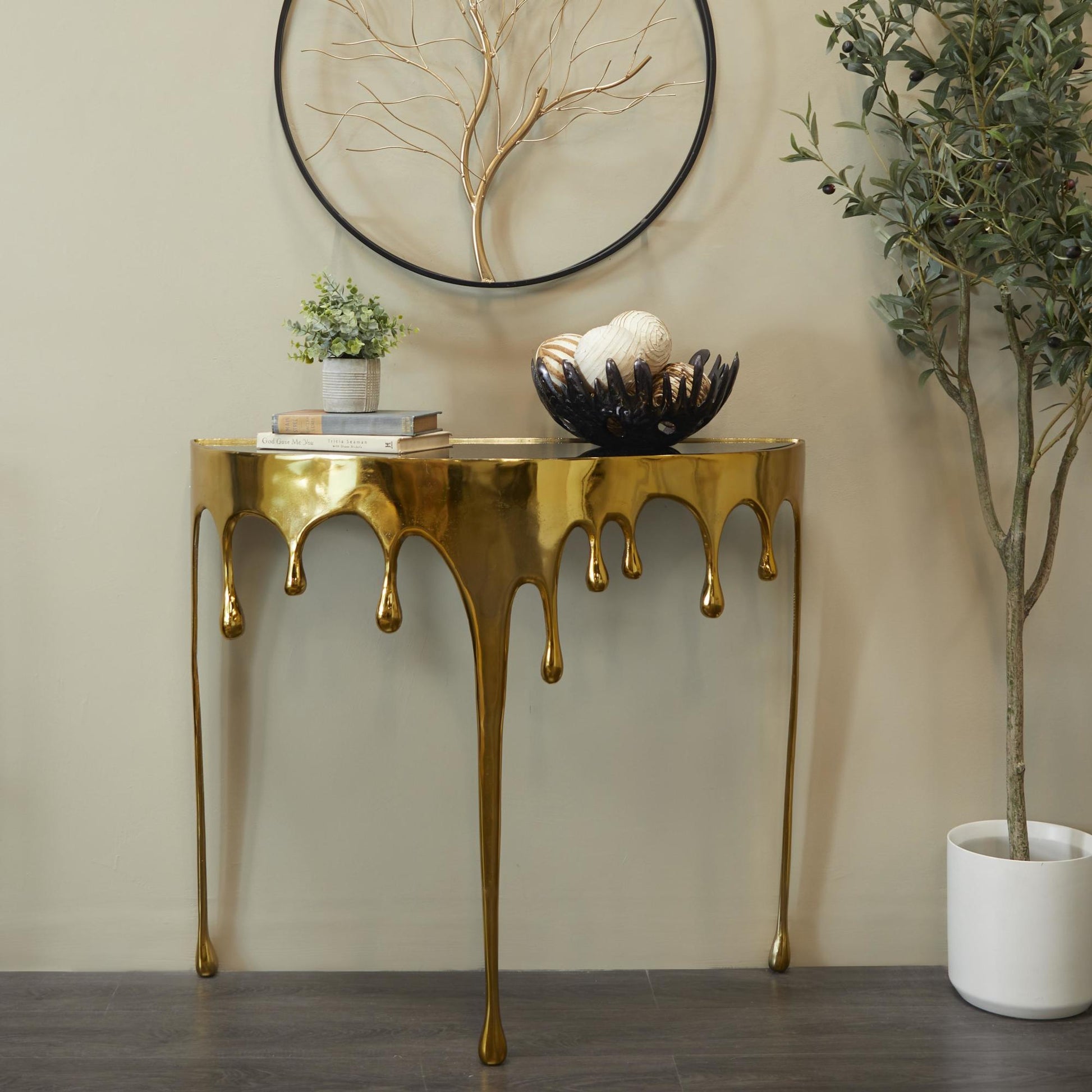 Abstract Aluminum Metal Crescent Drip Living Room Console Table with Melting Design Legs and Glass Top