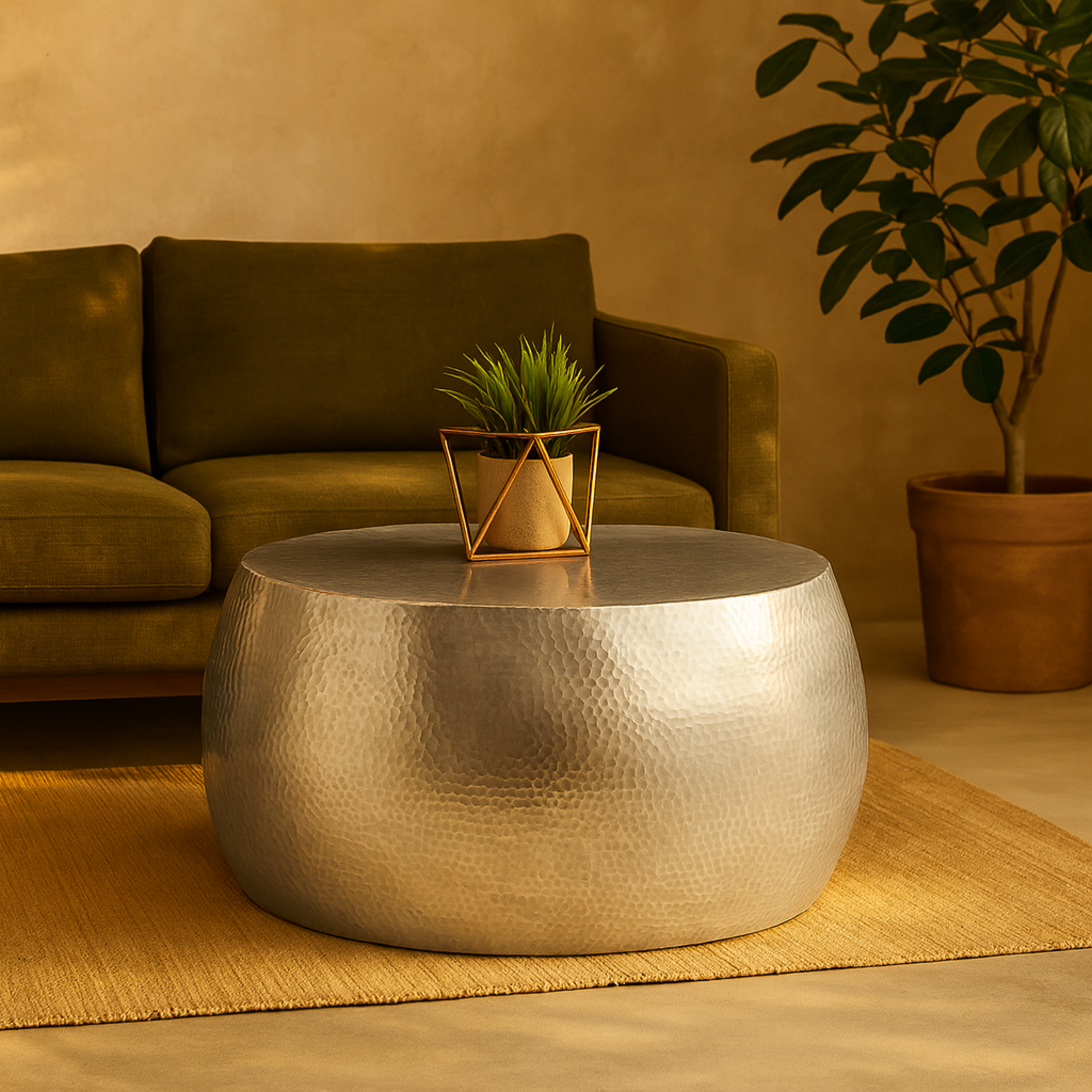 Silver Aluminum Metal Living Room Coffee Table with Hammered Design