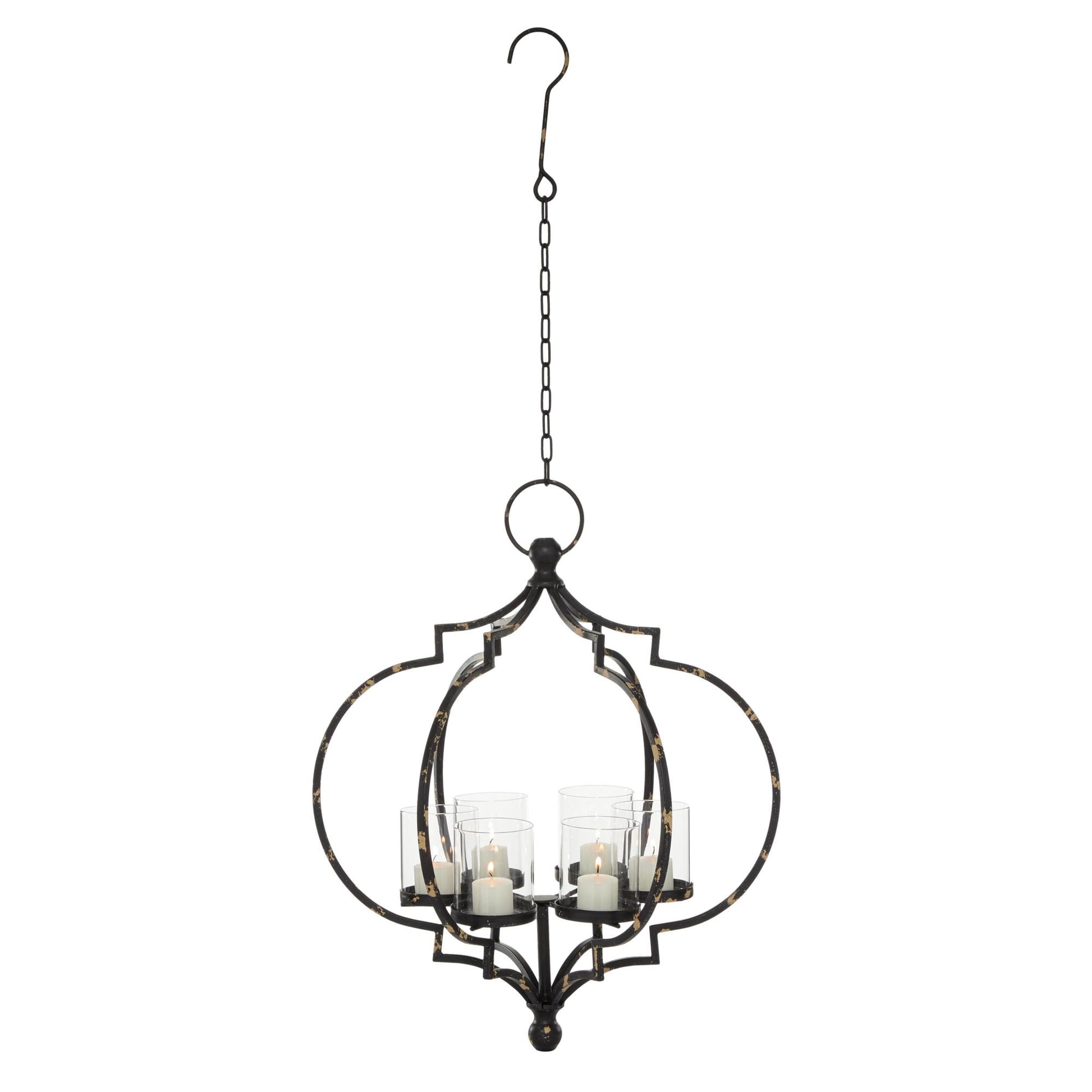 Black Metal Open Caged Hanging 6 Slot Decorative Candelabra with Distressing and Hook