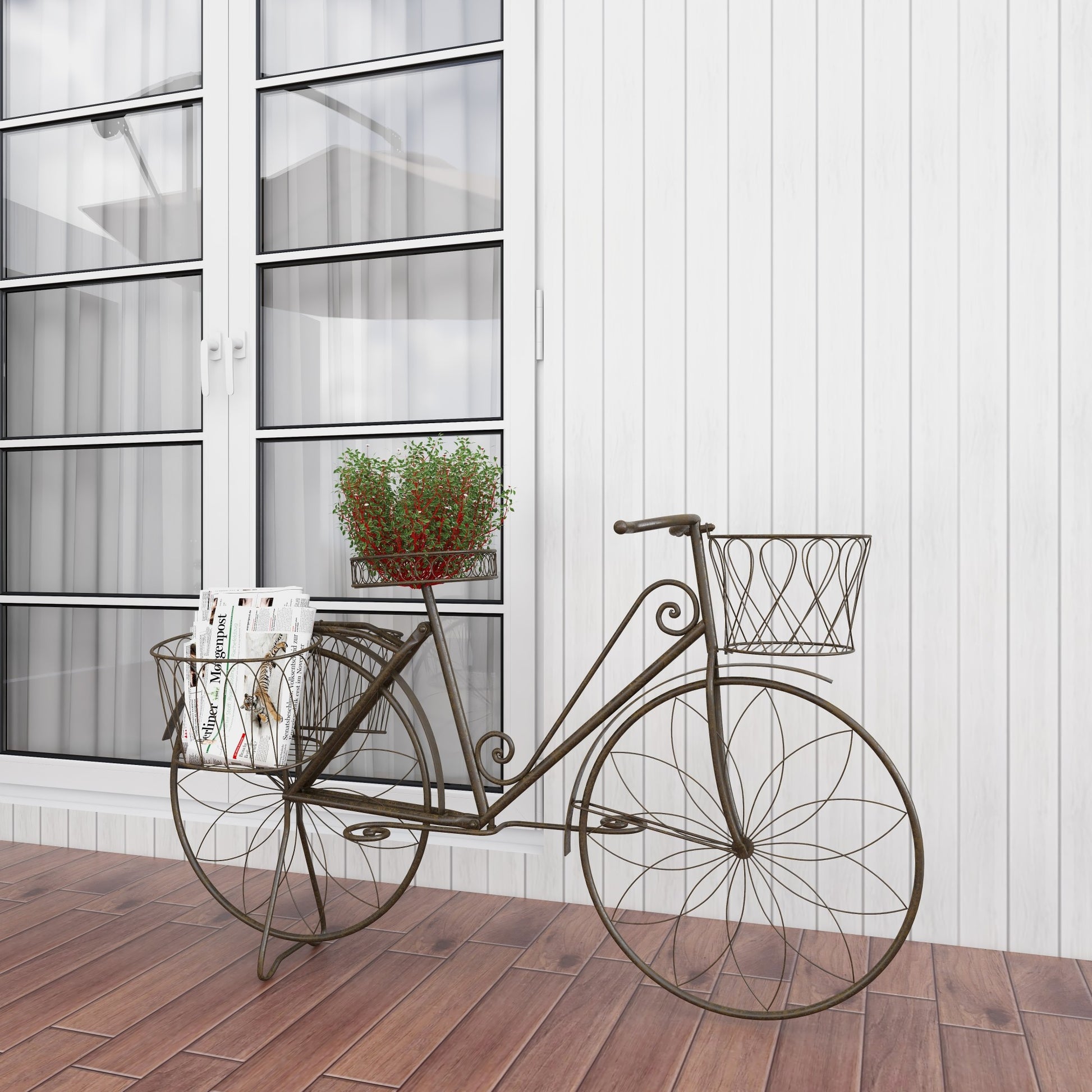 Bike Brown Metal Wire Floral Scrolled Indoor Outdoor Plantstand with Basket and Saddle Bag Planters
