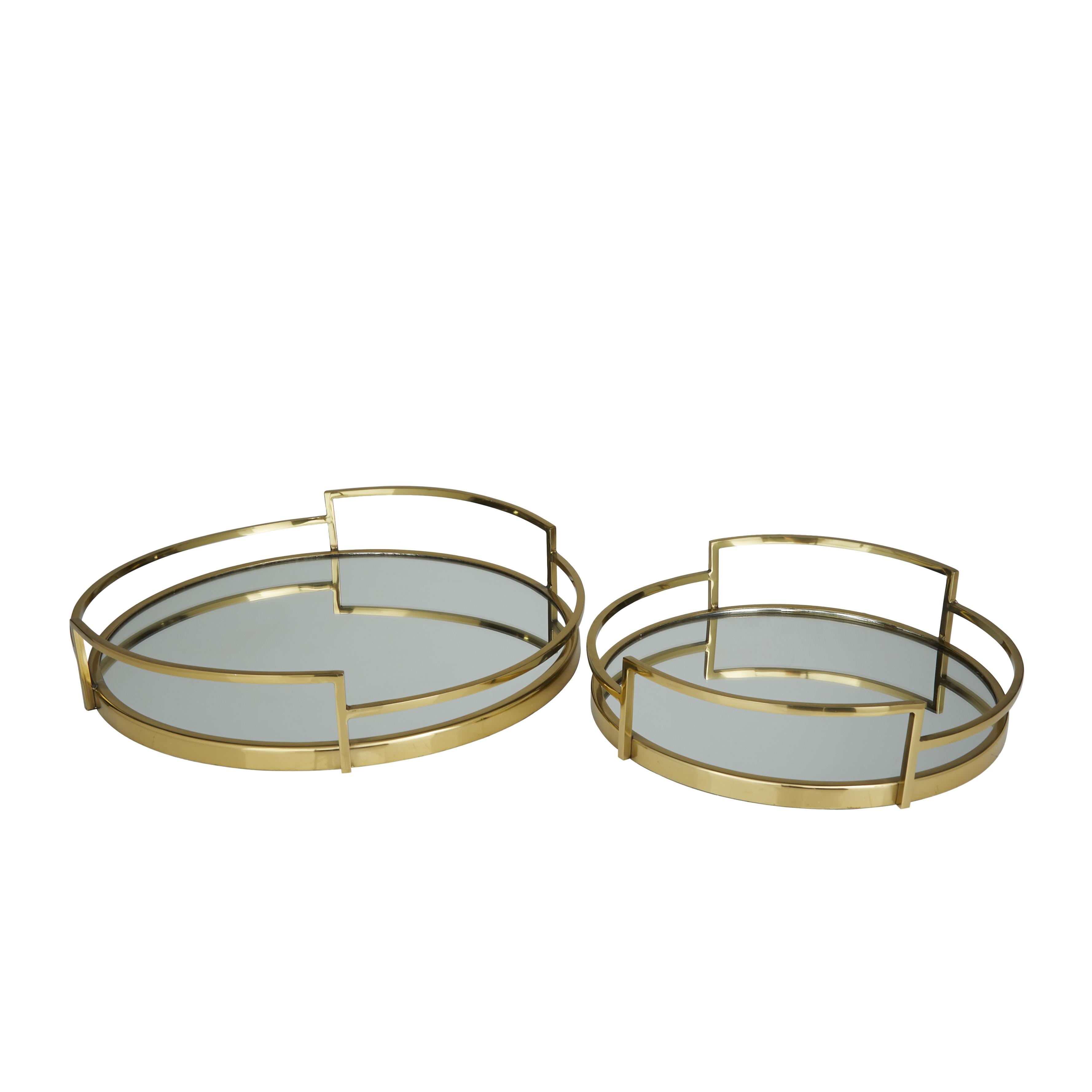 Set of 2 Stainless Steel Metal Round Mirrored Living Room Decor Tray with Elevated Rim and Handles