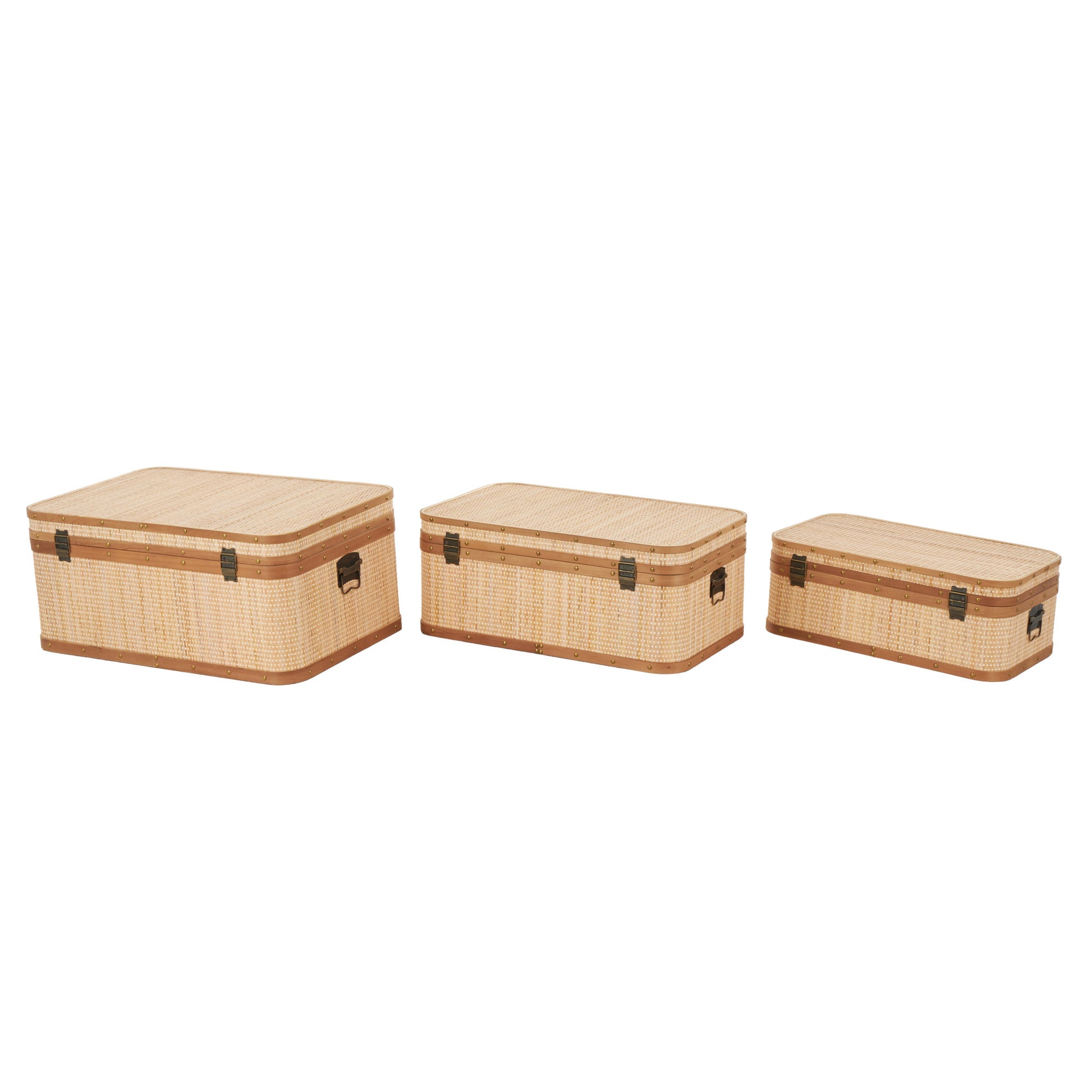 Set of 3 Light Brown Rattan Woven Decorative Trunk with Brass Metal Latches and Brown Wooden Accents