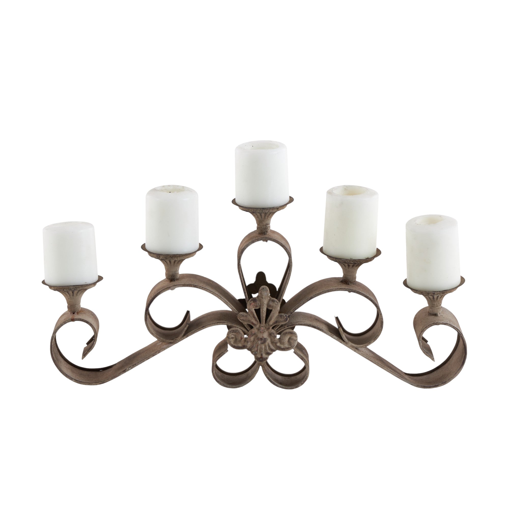 Scroll Gray Metal Long Distressed Vintage 5 Plate Decorative Candelabra with Fleur-De-Lis Accent
