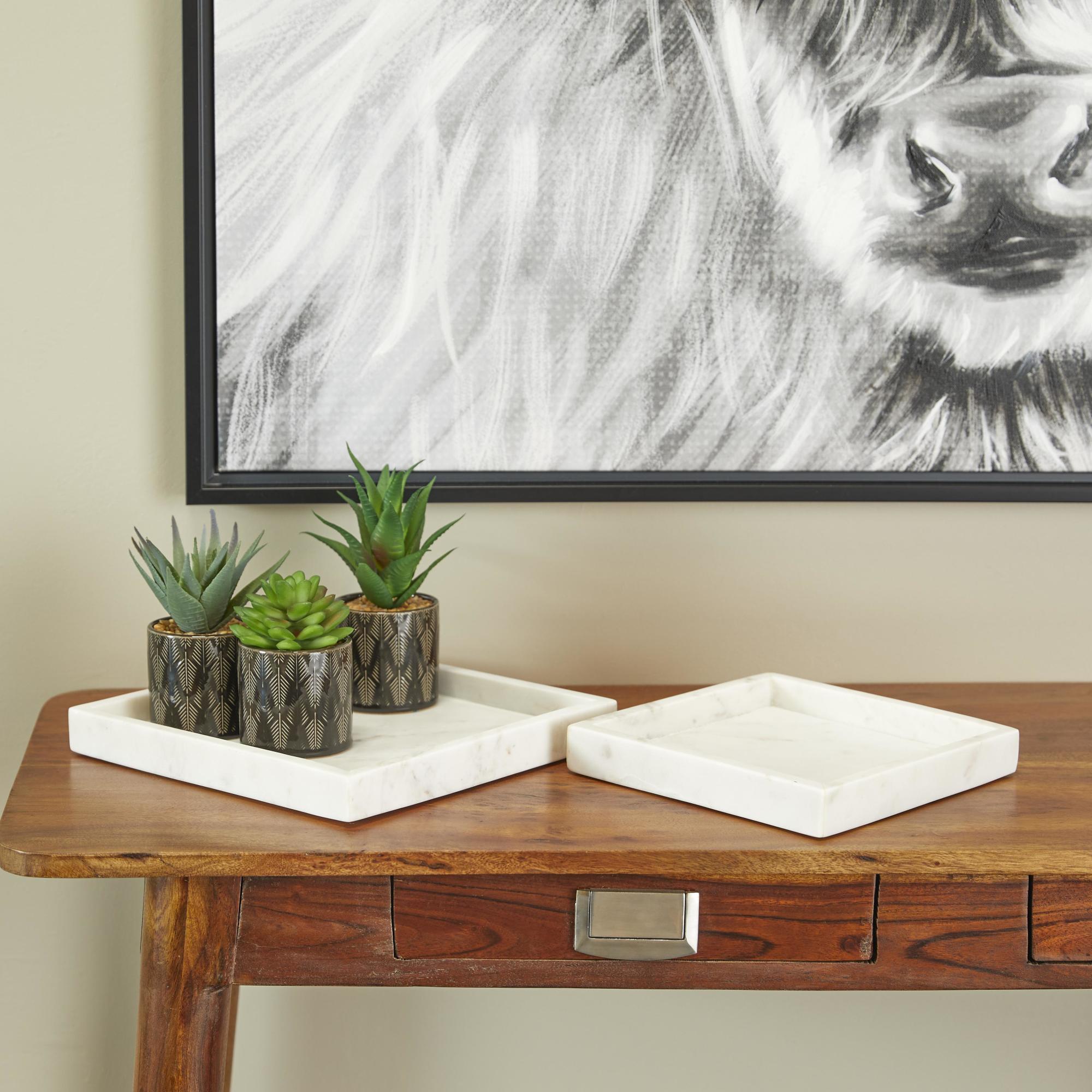 Set of 2 Marble Minimalistic Square Living Room Decor Tray with Raised Border Set of 2 10", 8"W