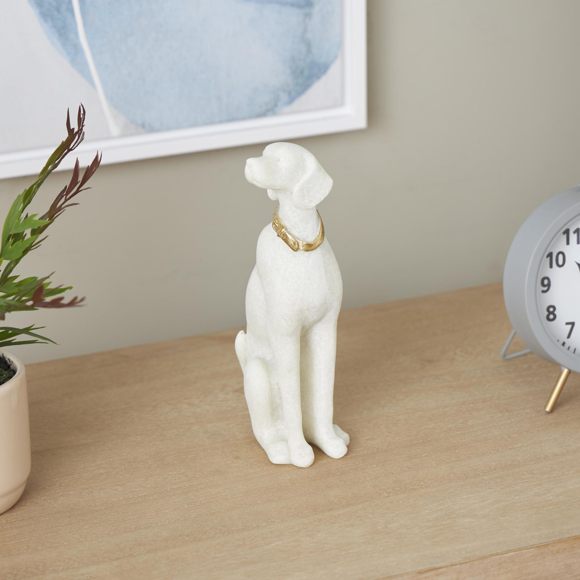 Dog Cream Polystone Sitting Decorative Sculpture with Gold Collar