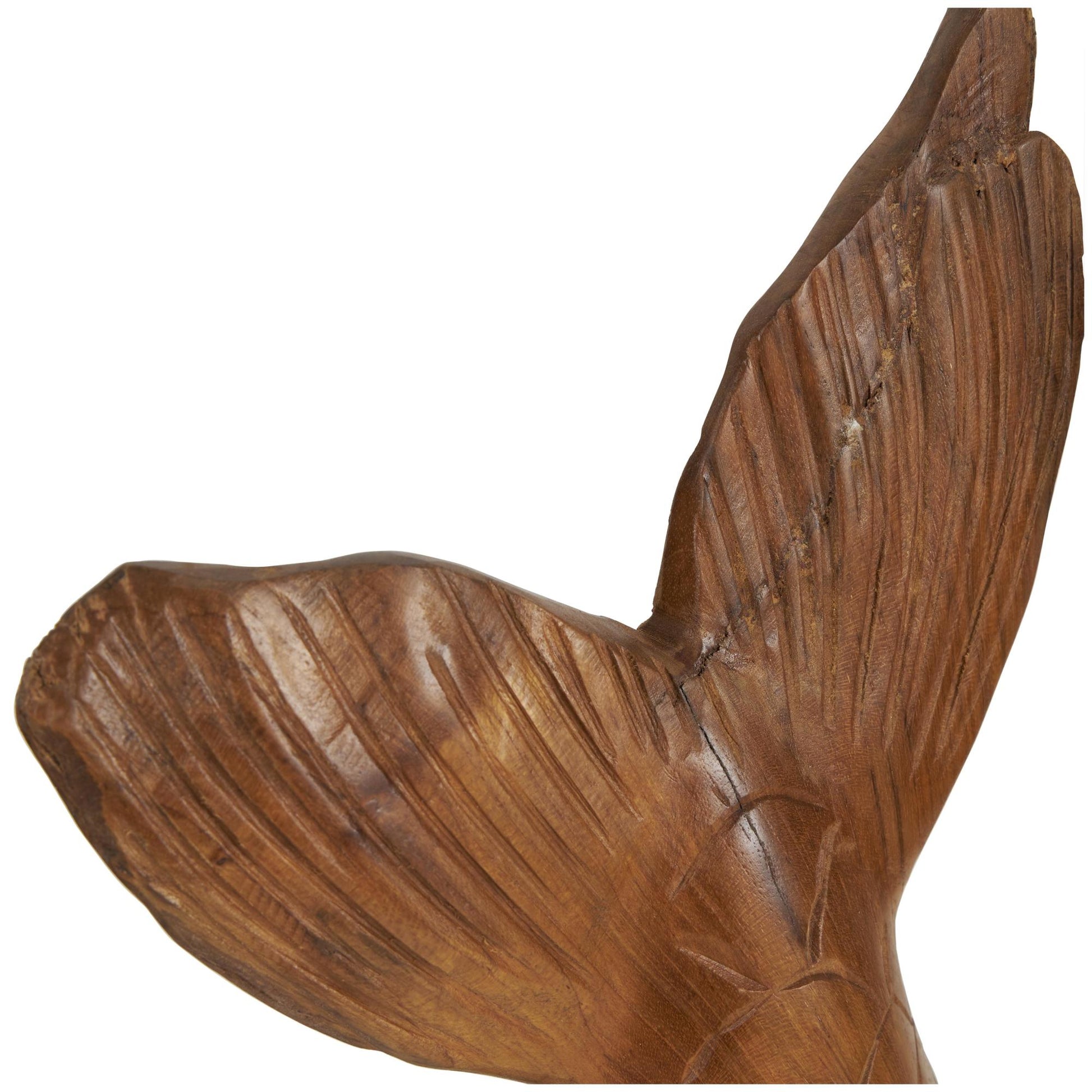 Set of 3 Whale Brown Teak Wood Handmade Tail Live Edge Decorative Sculpture with Intricate Carvings
