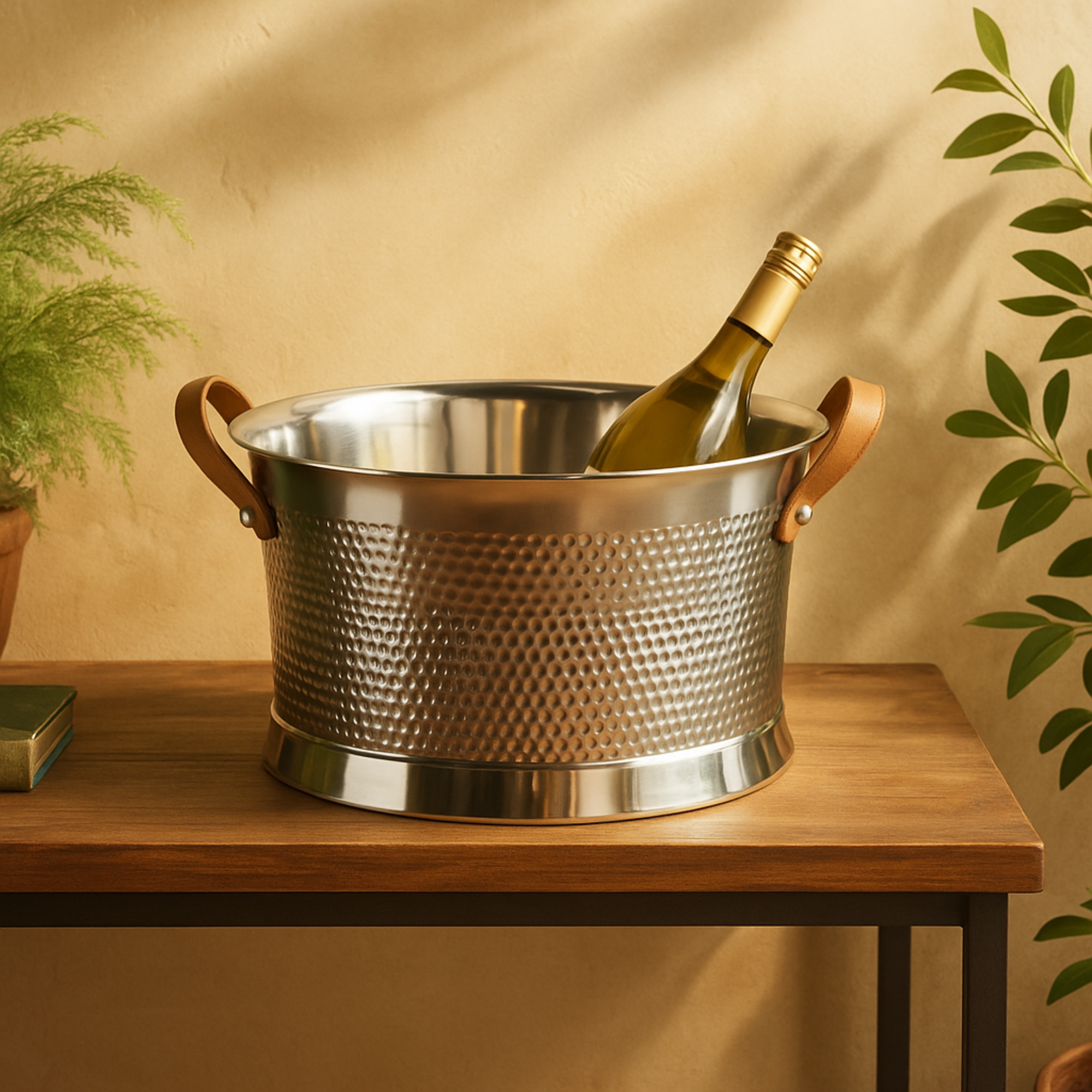 Silver Stainless Steel Metal Hammered Decorative Ice Bucket with Brown Leather Handles