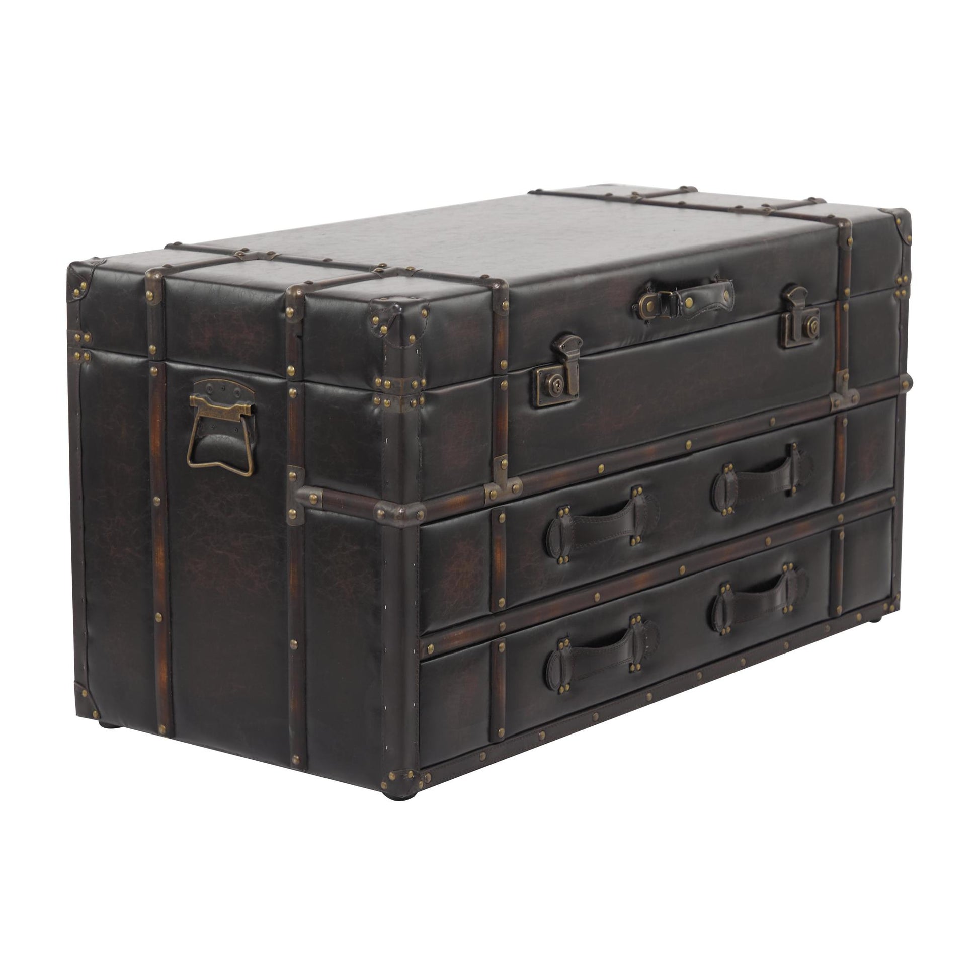 Faux Leather Vintage 2 Drawer Living Room Coffee Table with Buckle Hinged Top
