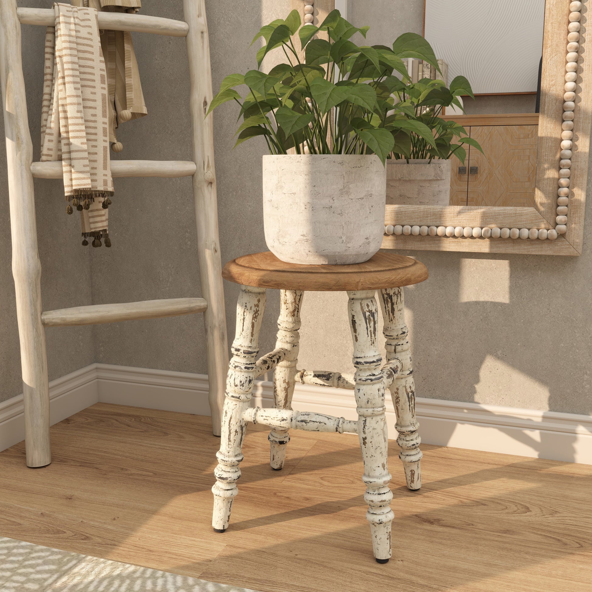White Wood Living Room Stool with Brown Wood Top