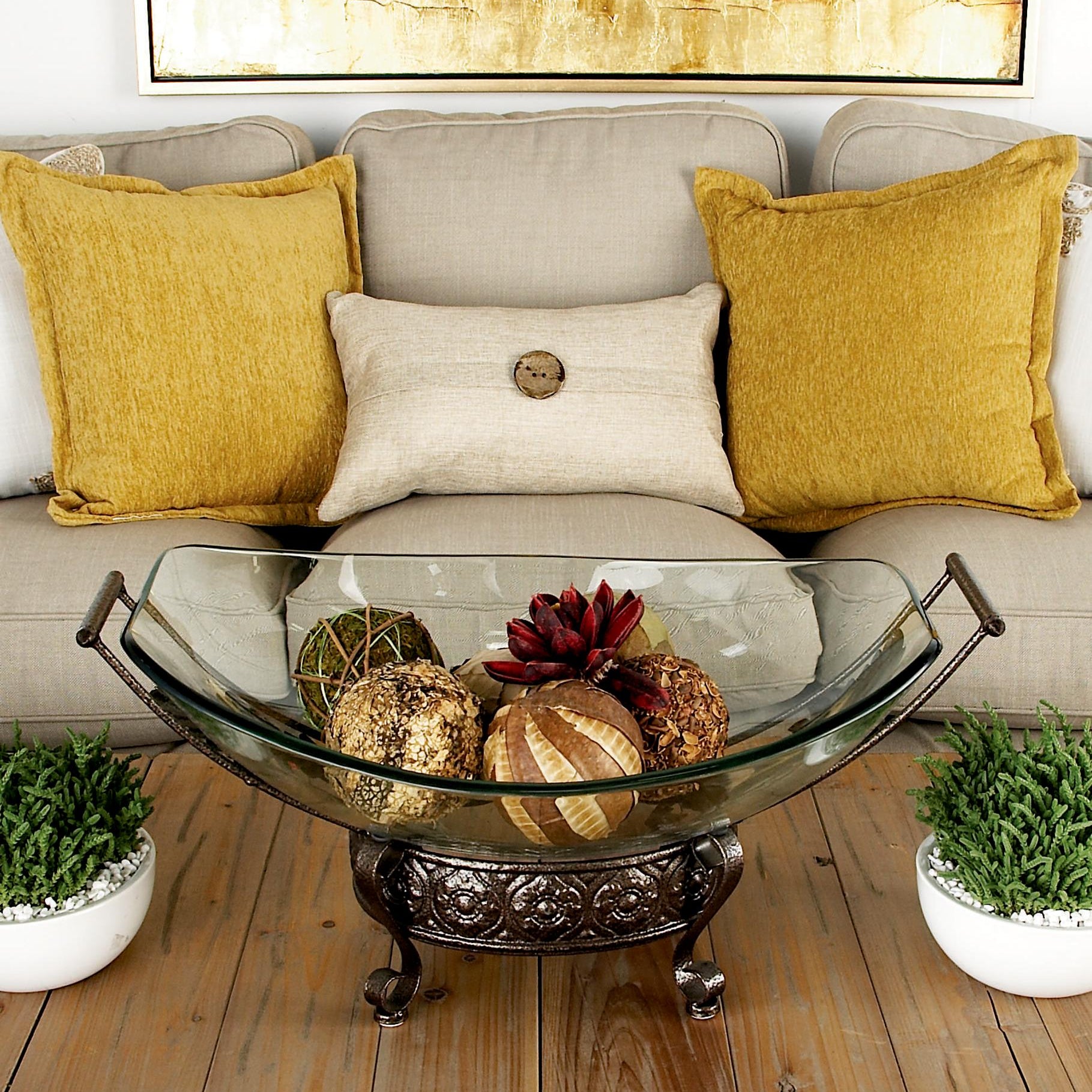 Kitchen Clear Tempered Glass Decorative Serving Bowl with Brown Metal Scroll Base