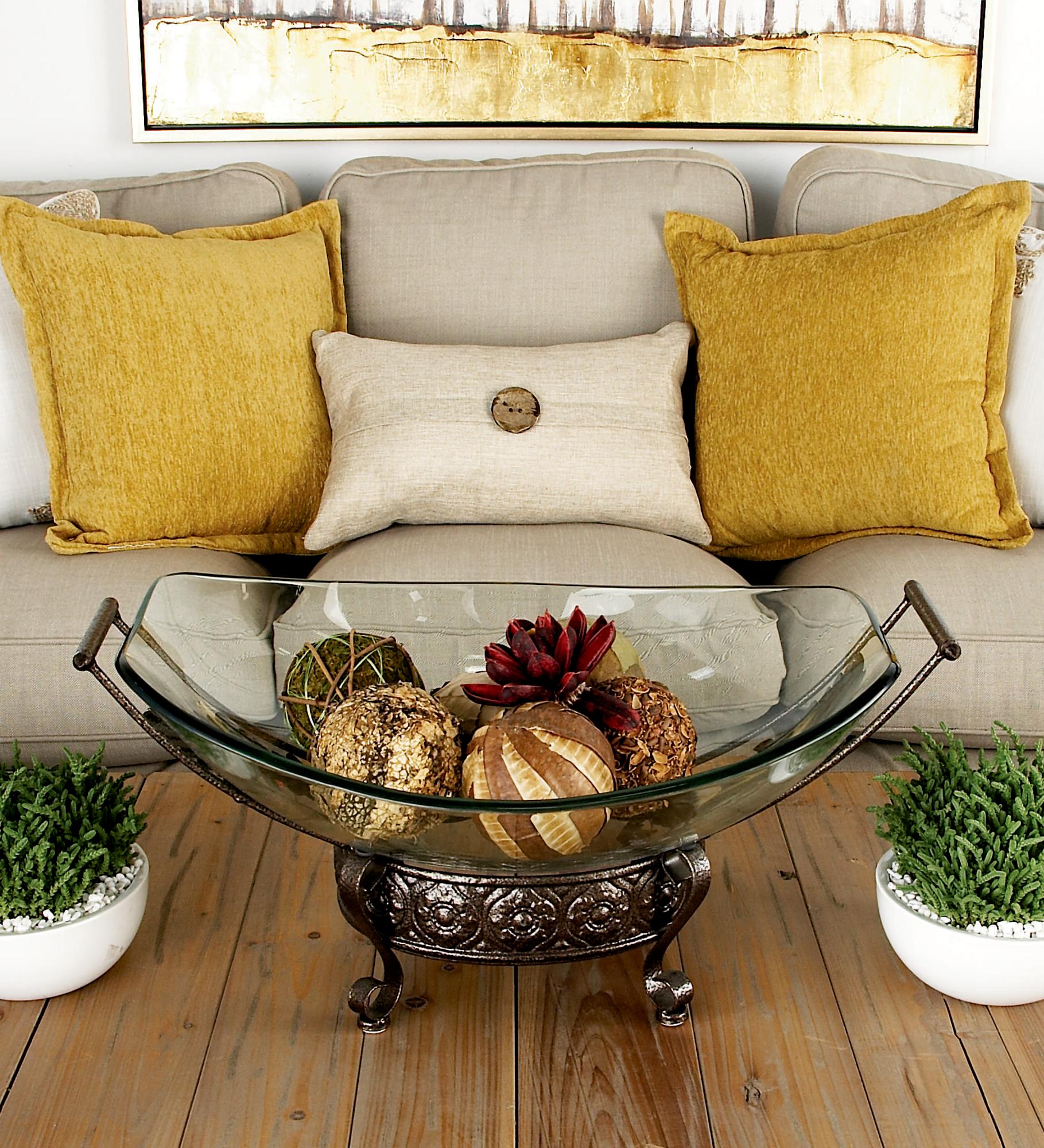 Kitchen Clear Tempered Glass Decorative Serving Bowl with Brown Metal Scroll Base