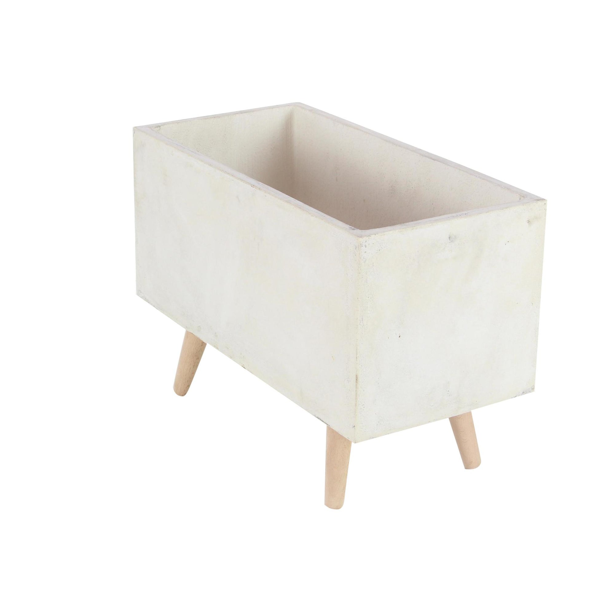 Set of 2 White Fiberclay Ceramic Rectangular Indoor Outdoor Planter with Brown Wooden Legs