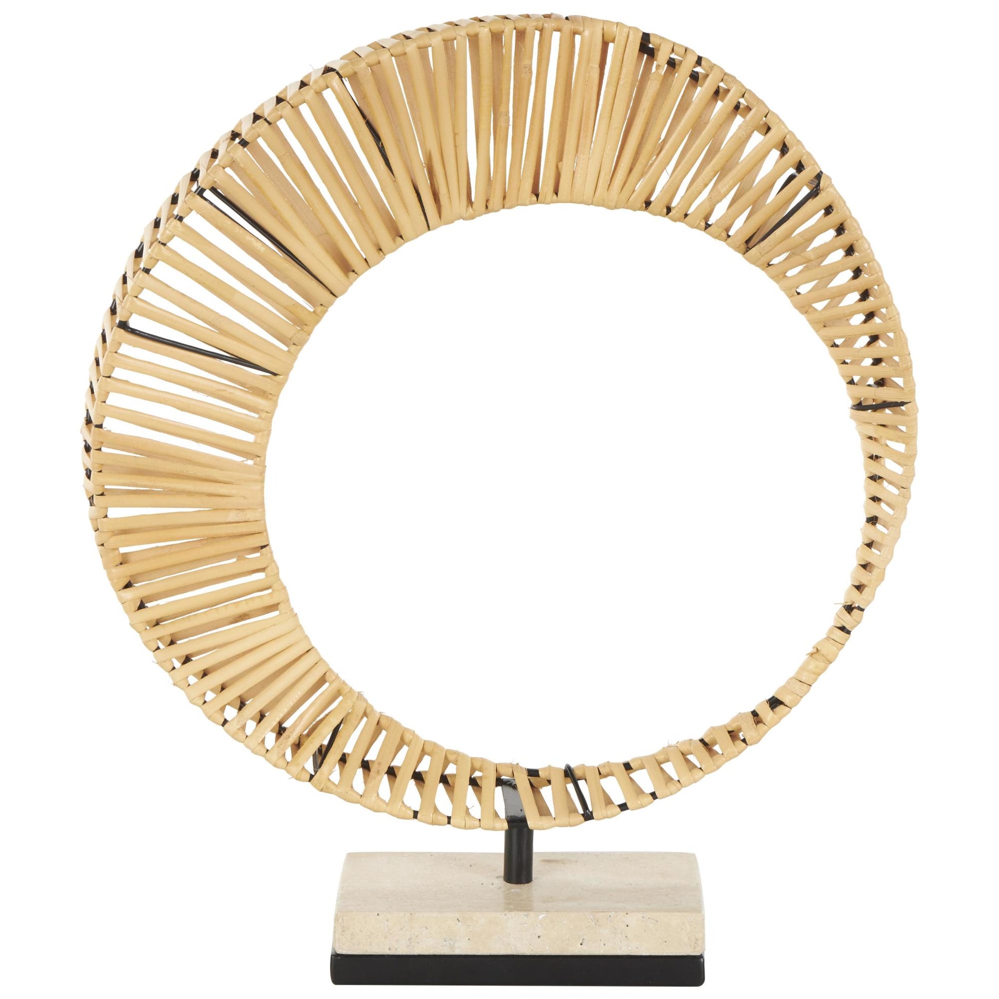 Abstract Brown Rattan Handmade Mobius Strip Inspired Decorative Sculpture with White Marble Base