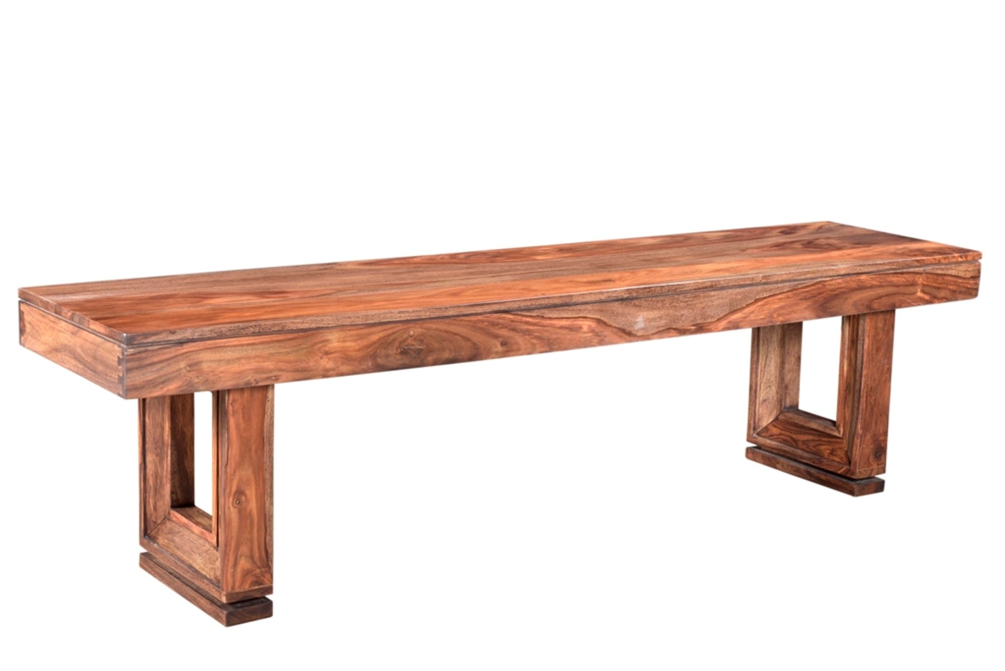 Brown Sheesham Wood Home Bench with Natural Wood Grains and Cutout Picture Frame Legs