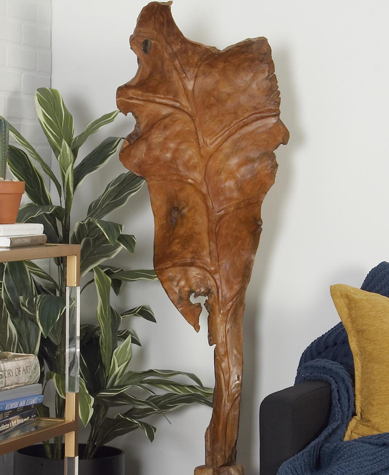 Leaf Brown Teak Wood Handmade Live Edge Decorative Sculpture
