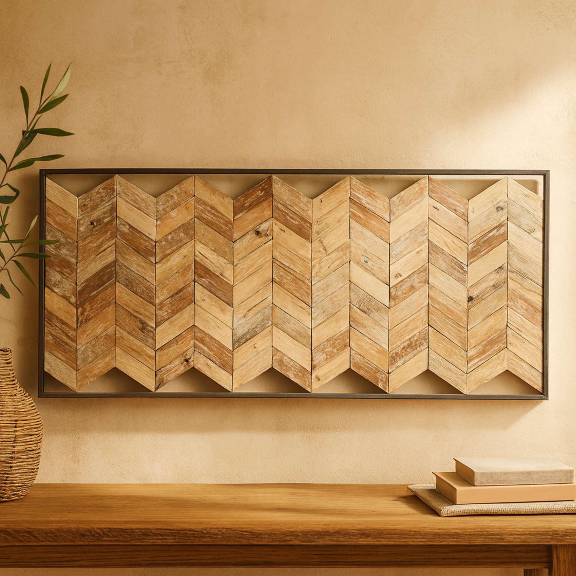 Geometric Brown Teak Wood Handmade Chevron Panels Home Wall Decor with Distressing