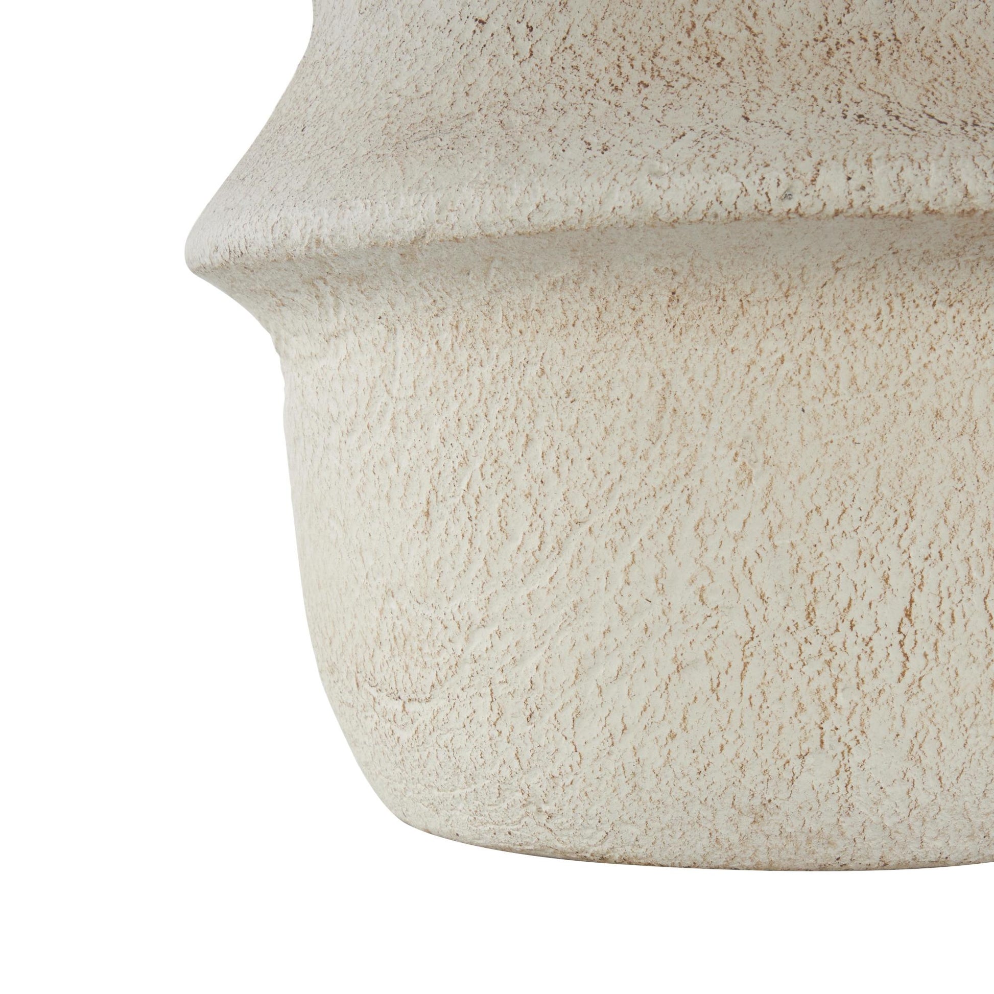 Cream Paper Mache Fluted Decorative Vase with Brown Distressed Texturing and Ring Handle