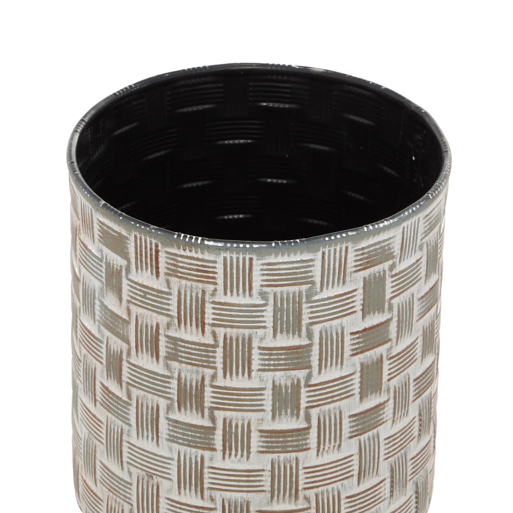 Set of 2 Brown Metal Living Room Decorative Jars with Weave Inspired Pattern