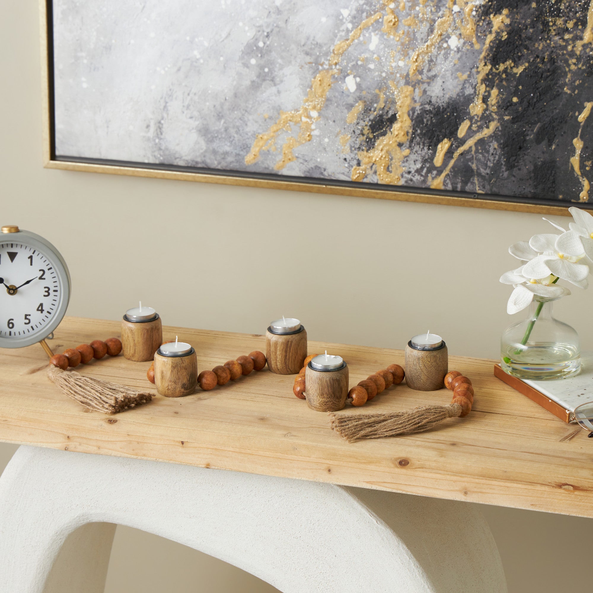 Mango Wood Garland Decorative Candle Holder with Tassel
