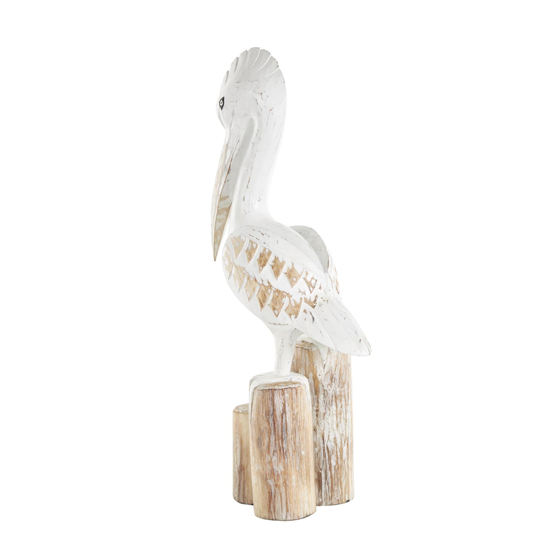 Pelican White Wood Handmade Distressed Decorative Sculpture with 3 Brown Posts