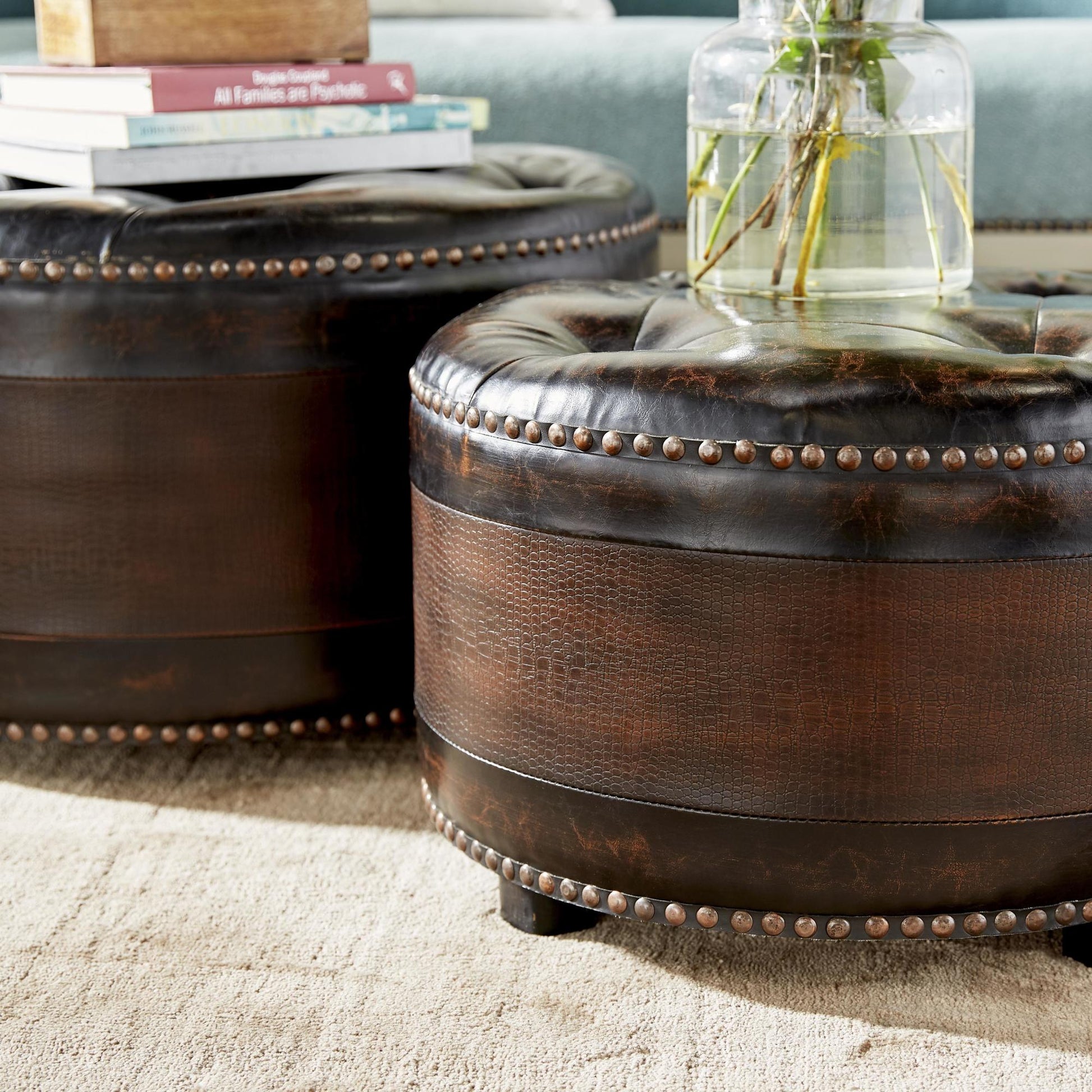 Set of 3 Dark Brown Wooden Room Storage Ottoman with Tufted Top
