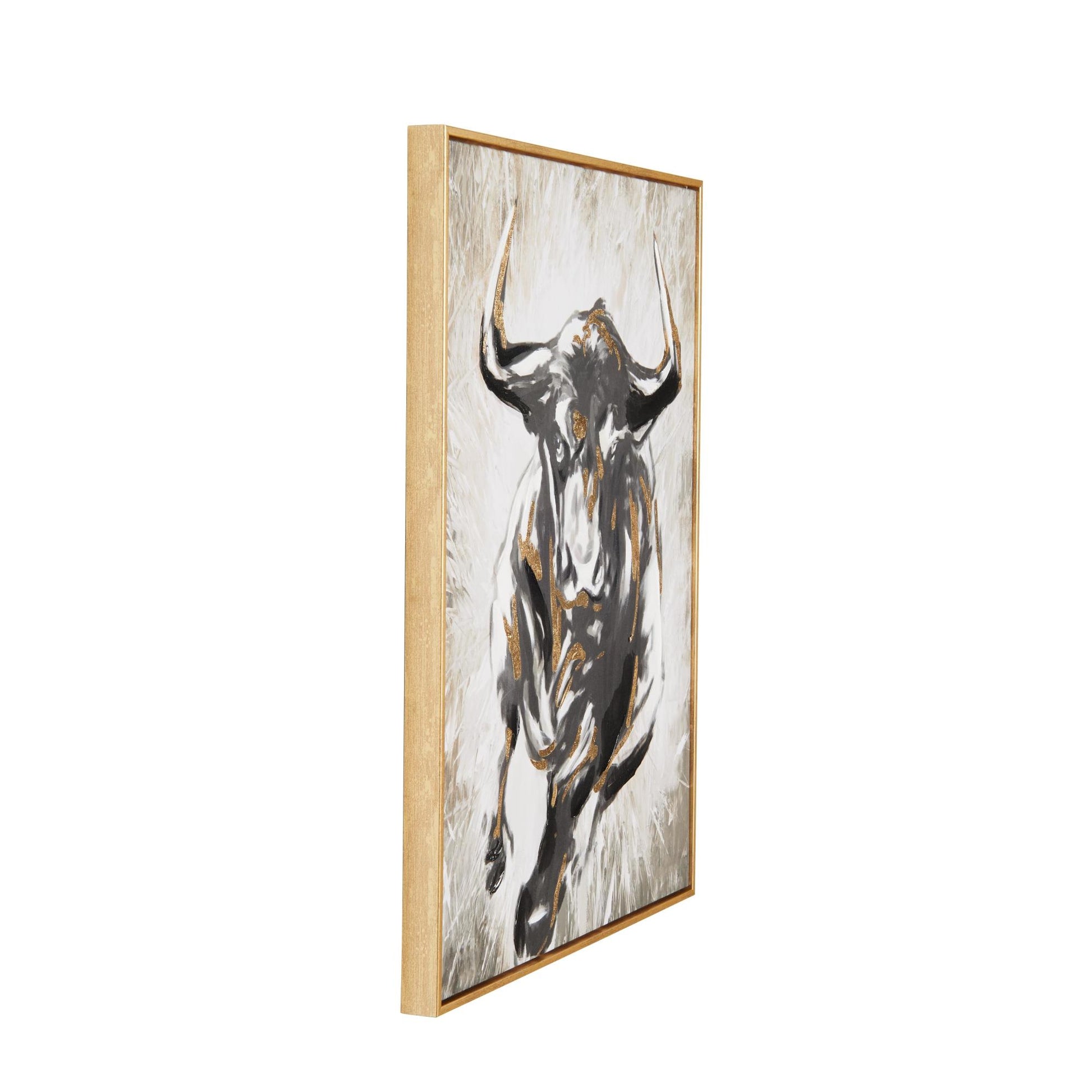 Bull Gold Canvas Shaded Running Living Room Framed Wall Art with Cream and Gold Foil Accents