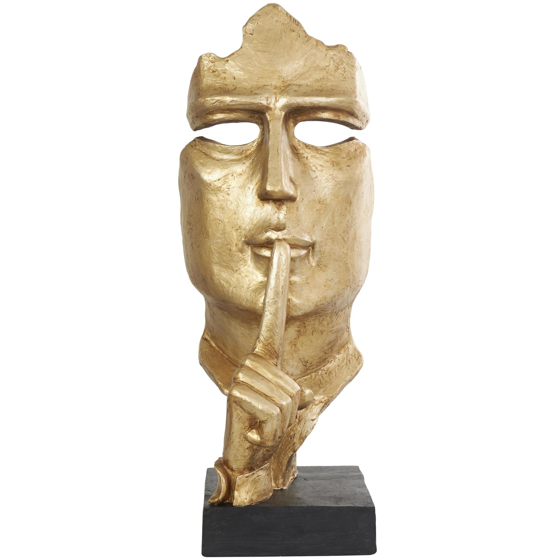 People Gold Polystone Large Cutout Quiet Gesture Face Decorative Sculpture with Black Base