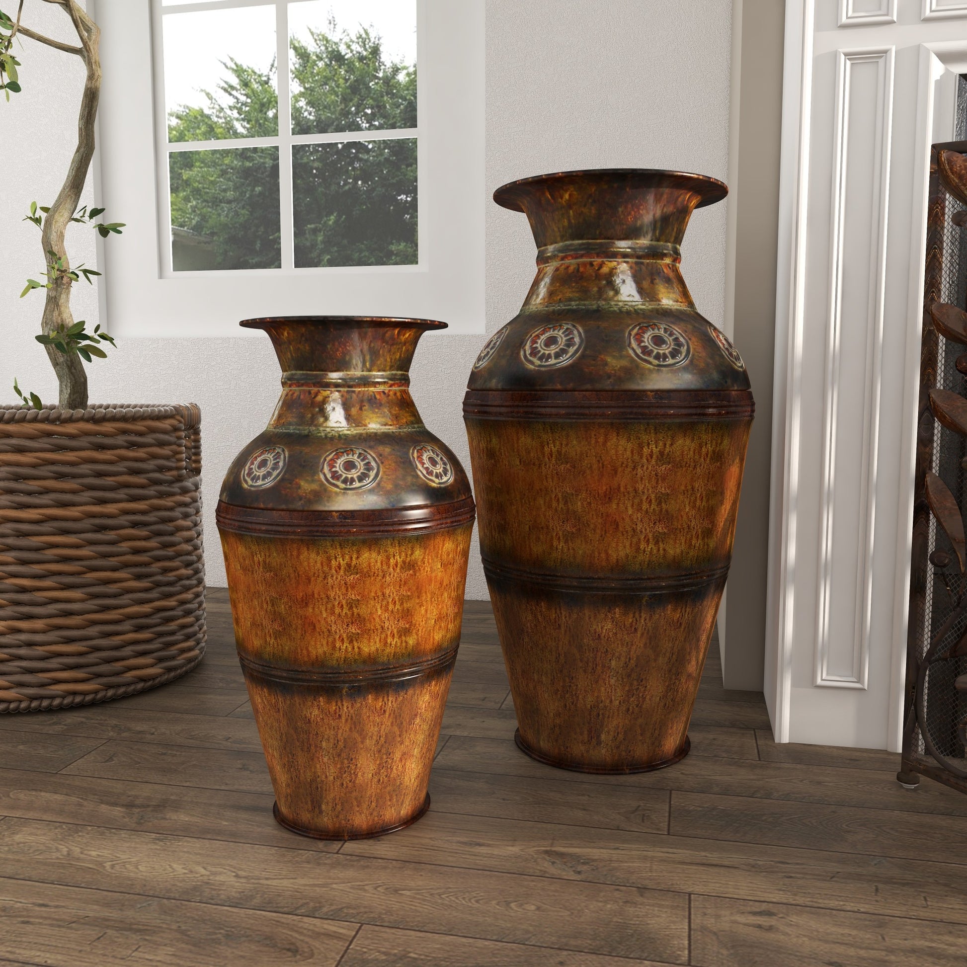 Set of 2 Floral Brown Metal Indoor Outdoor Large Decorative Vase with Evil Eye Relief