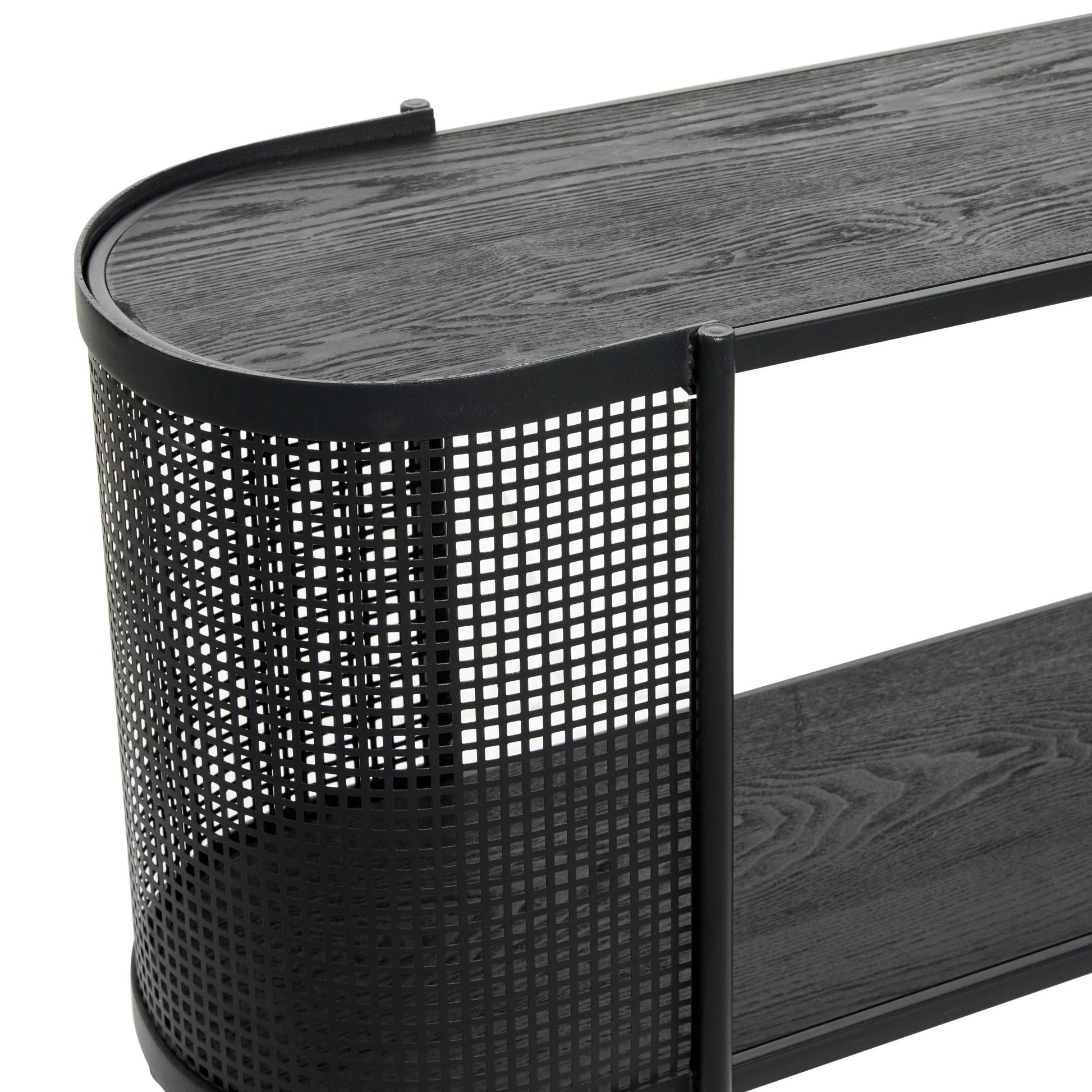 Black Metal Mesh Side Panel Living Room Console Table with Open Center Storage