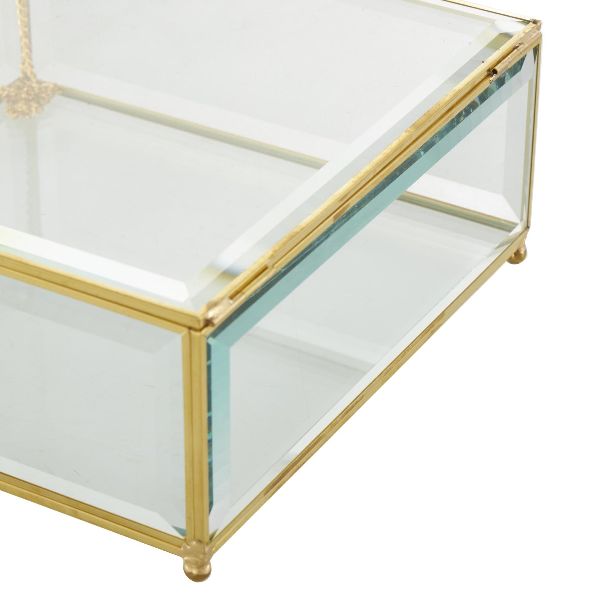 Set of 2 Clear Glass Beveled Decorative Jewelry Box with Gold Metal Frame and Chain Accent