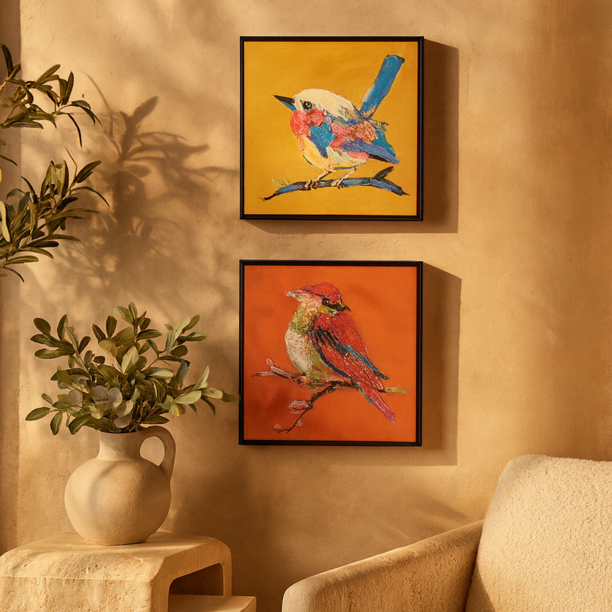 Set of 2 Bird Multi Colored Canvas Colorful Living Room Framed Wall Art with Black Frame and Gold Foil Accents